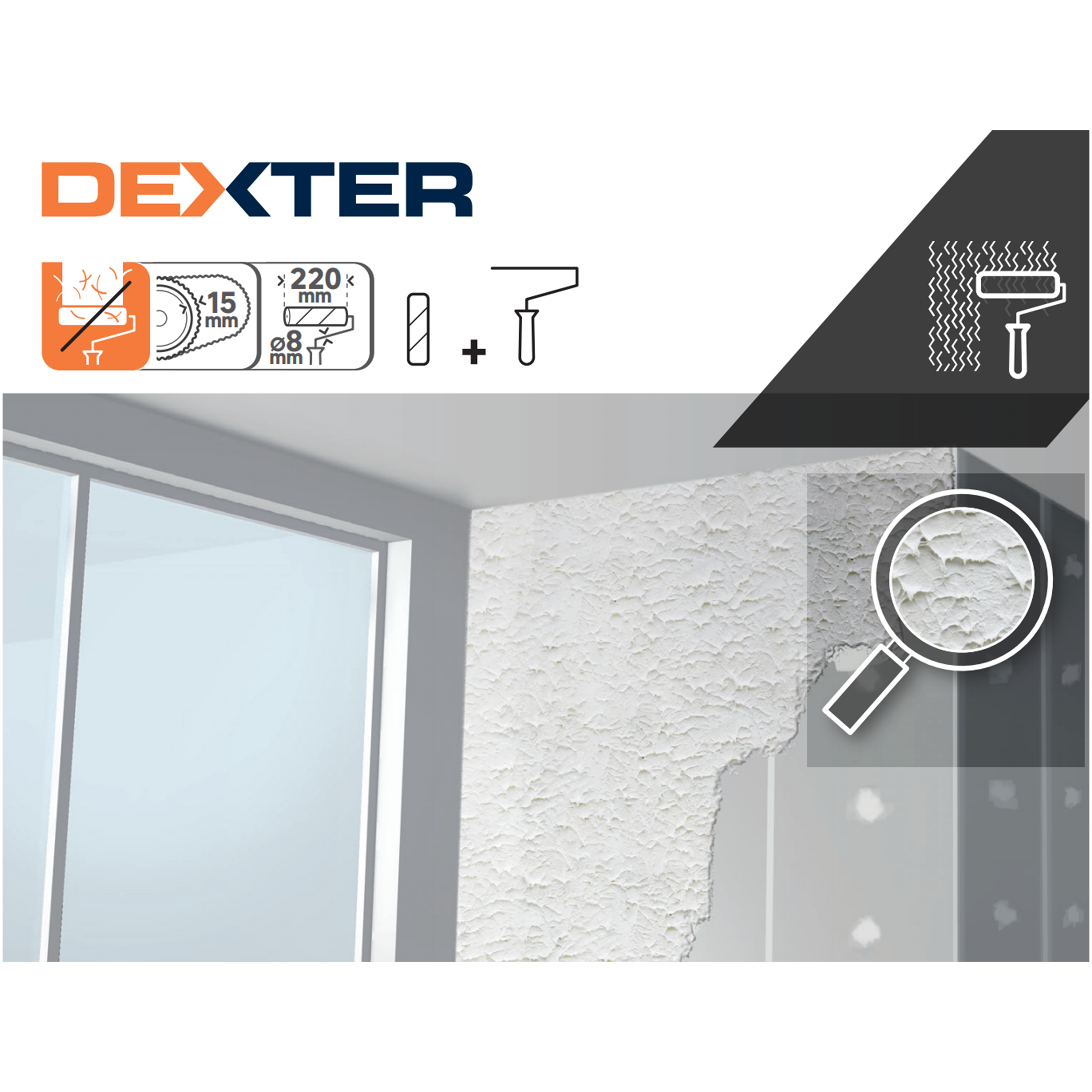 Rodillo para pintar fachadas rugosas y aplicar masilla DEXTER de 220 mm de anchura, 48 mm de diámetro, pelo largo (más de 12 mm). Fibra de poliamida. Varilla de acero. - 6