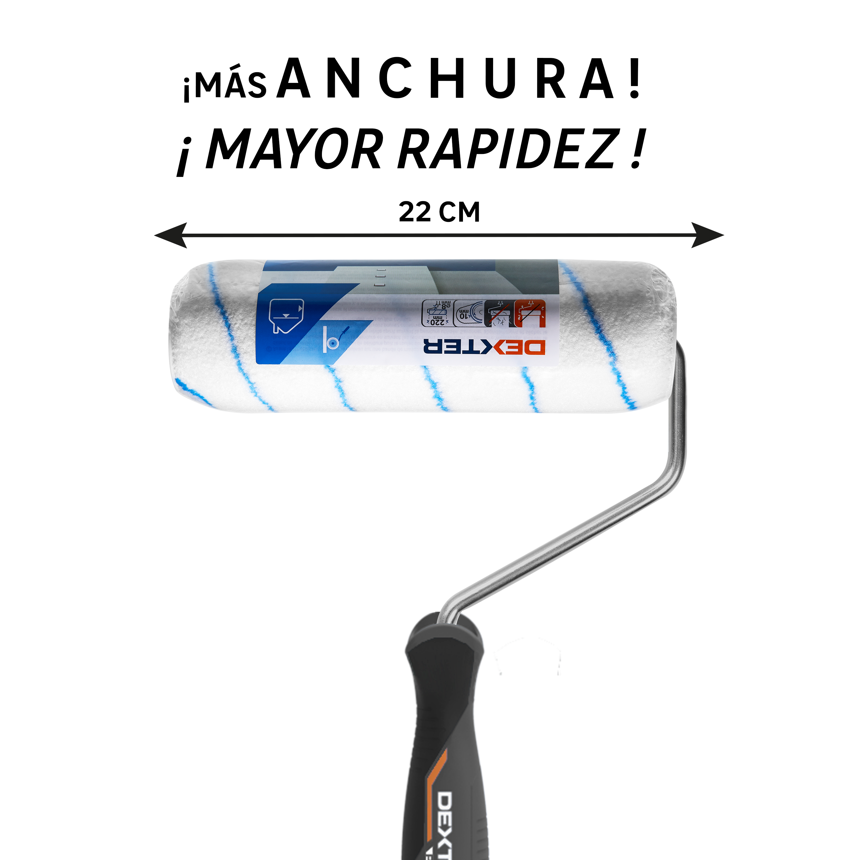 Rodillo para pintar superficies lisas y aplicar capas base DEXTER PRO de 220 mm de anchura, 55 mm de diámetro, pelo medio (5 mm a 12 mm). Fibra de poliamida. Varilla de aluminio. - 9