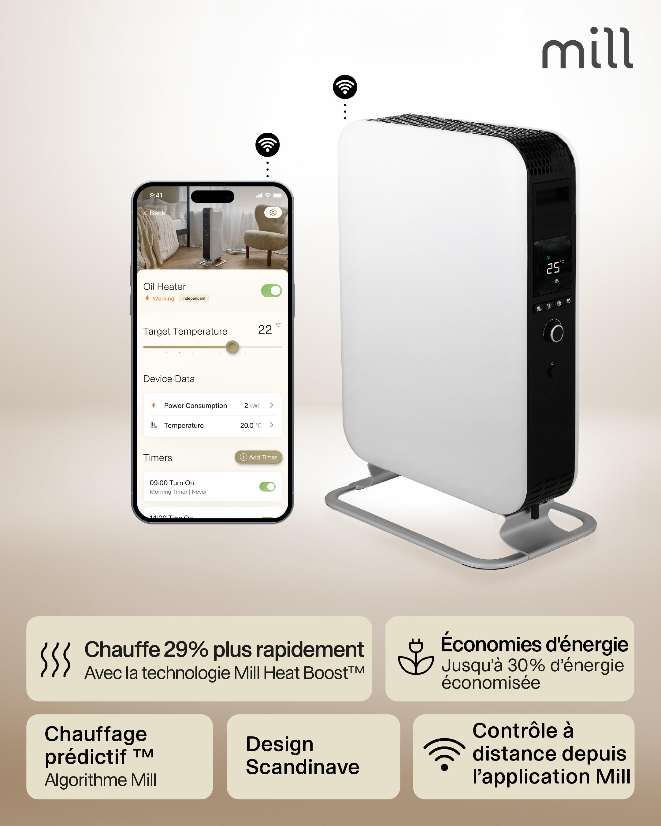Radiateur bain d'huile électrique wifi 2000W MILL blanc - 4