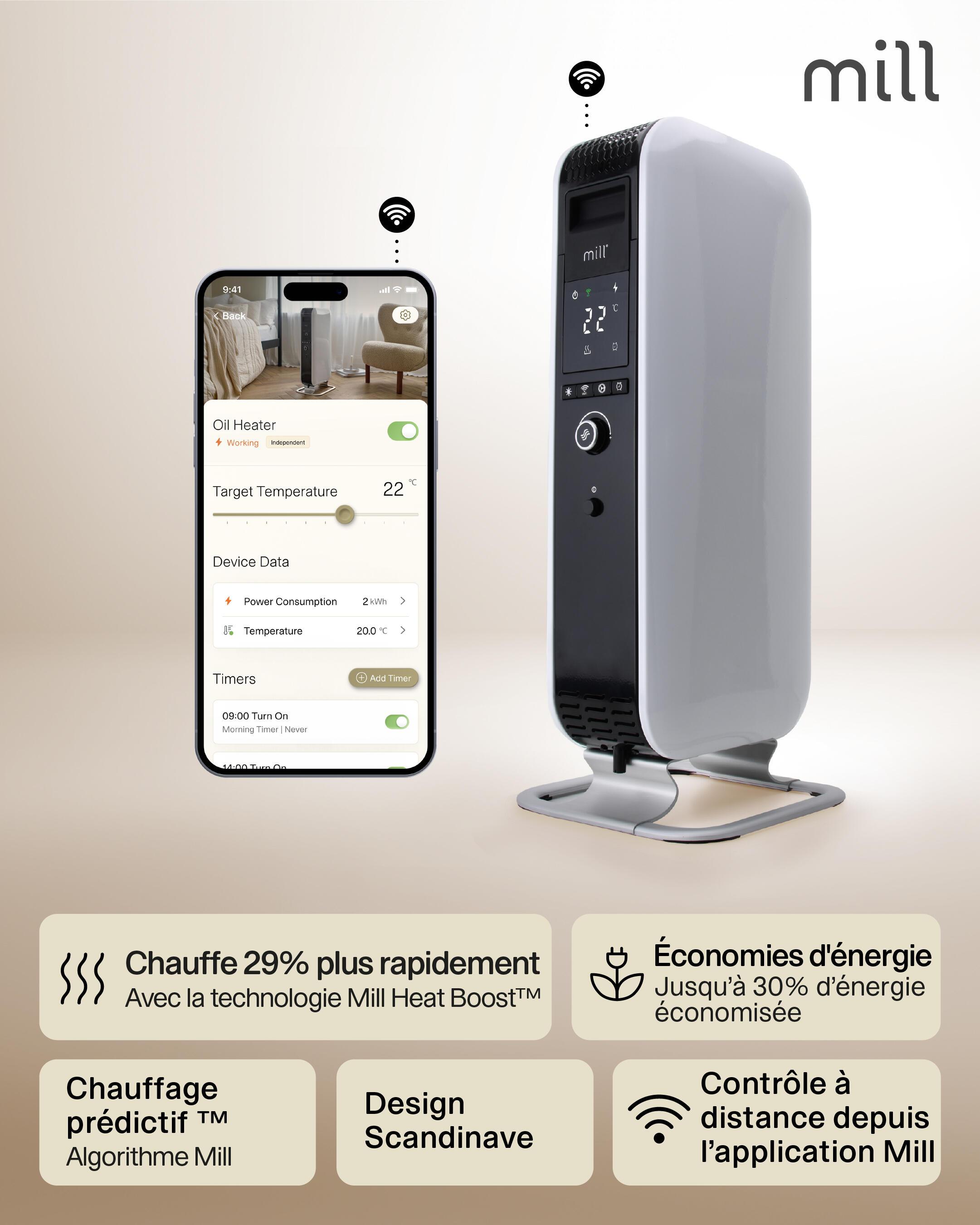 Radiateur bain d'huile électrique wifi 1500W MILL blanc - 6