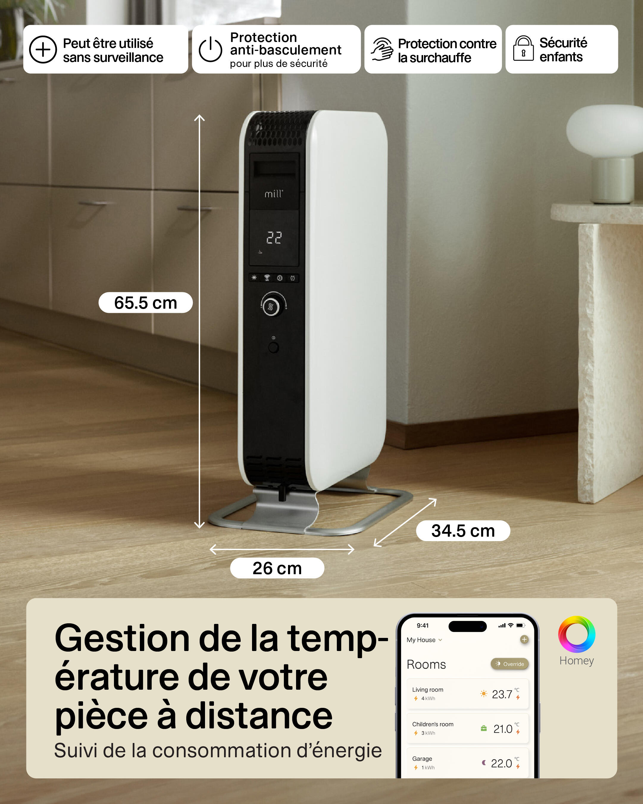 Radiateur bain d'huile électrique wifi 1500W MILL blanc - 7