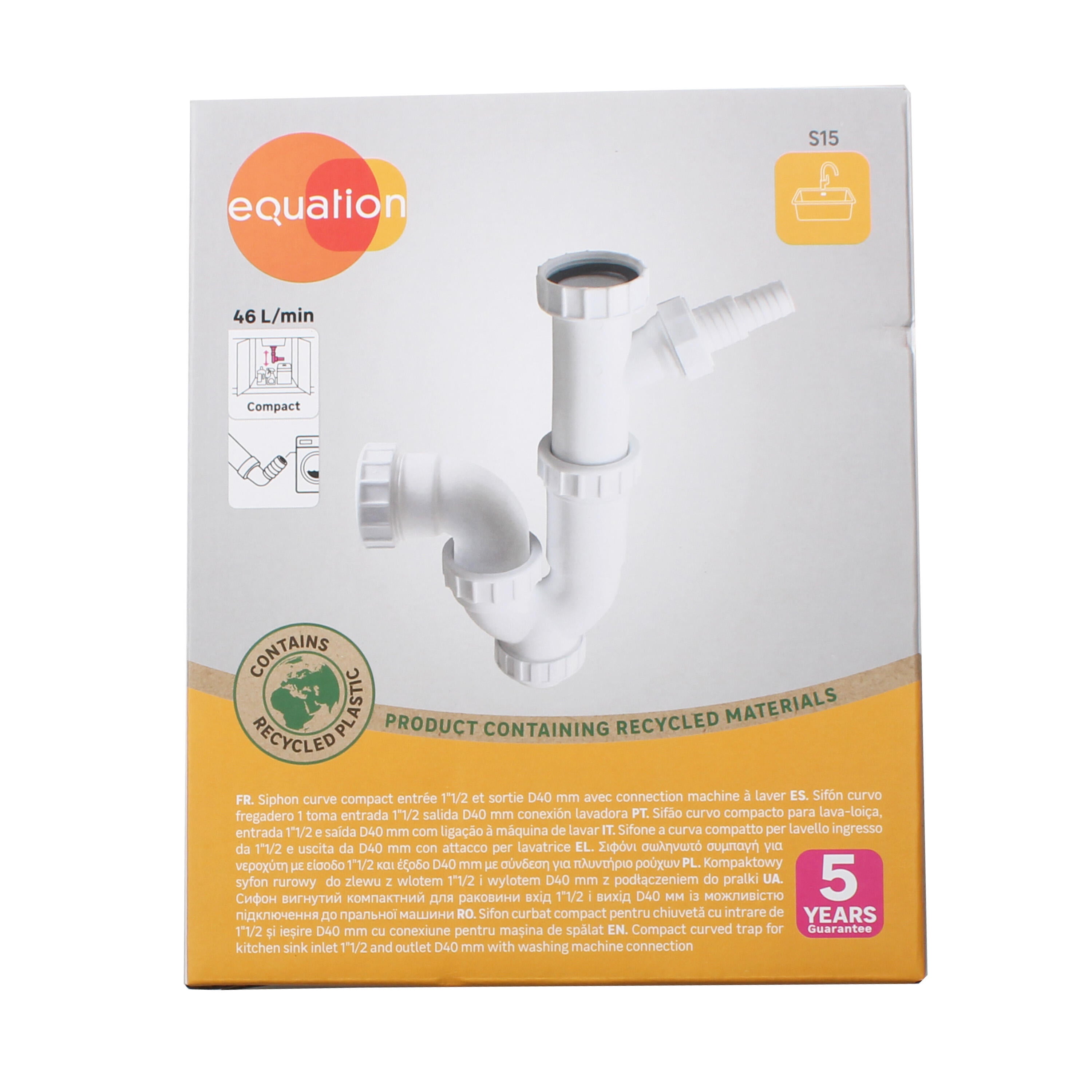 Sifón curvo para fregadero EQUATION 1 seno blanco 1''1/2 o 1''1/2 de ø 40mm con toma para lavadora - 5