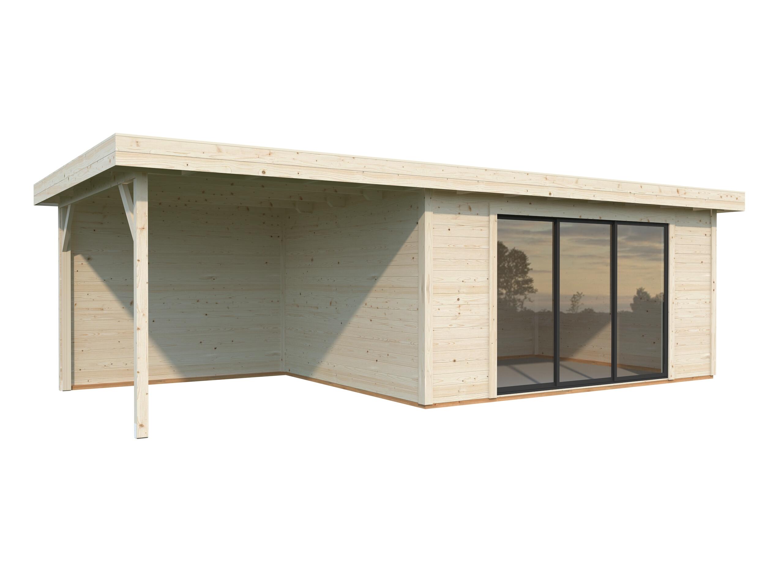 caseta de madera lydia 14488 m2 de 390x237x772 cm y 3011 m2 con 28 mm espesor y doble puerta corredera whitewood