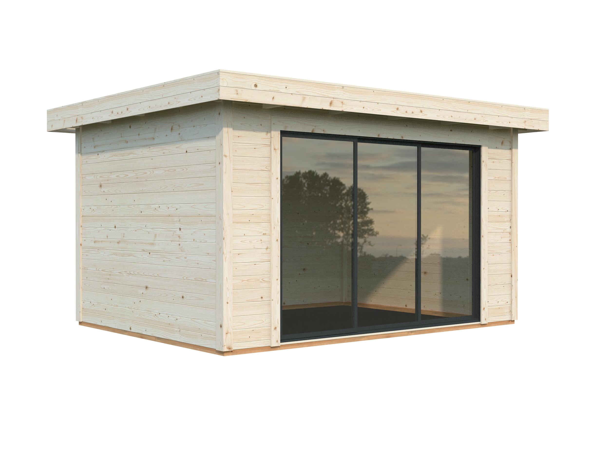 Caseta de madera lydia de 351x237x429 cm y 15.06 m2 con 28 mm espesor y doble puerta corredera whitewood