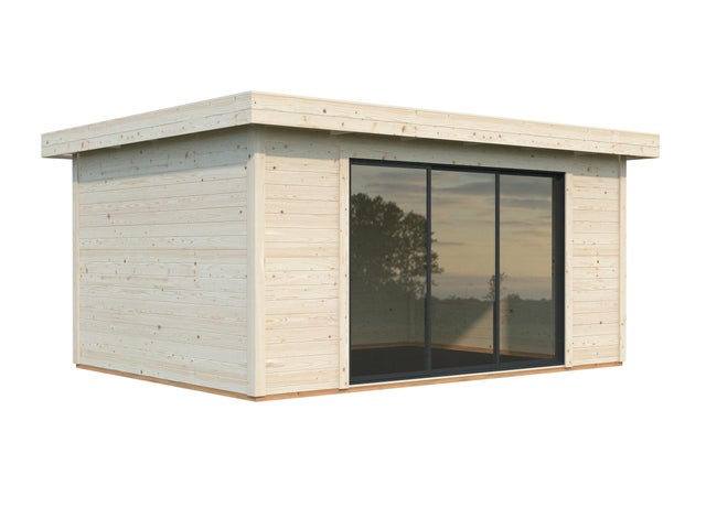 Caseta de madera Lydia de 390x237x494 cm y 19.27 m2 con 28 mm espesor y doble puerta corredera WHITEWOOD
