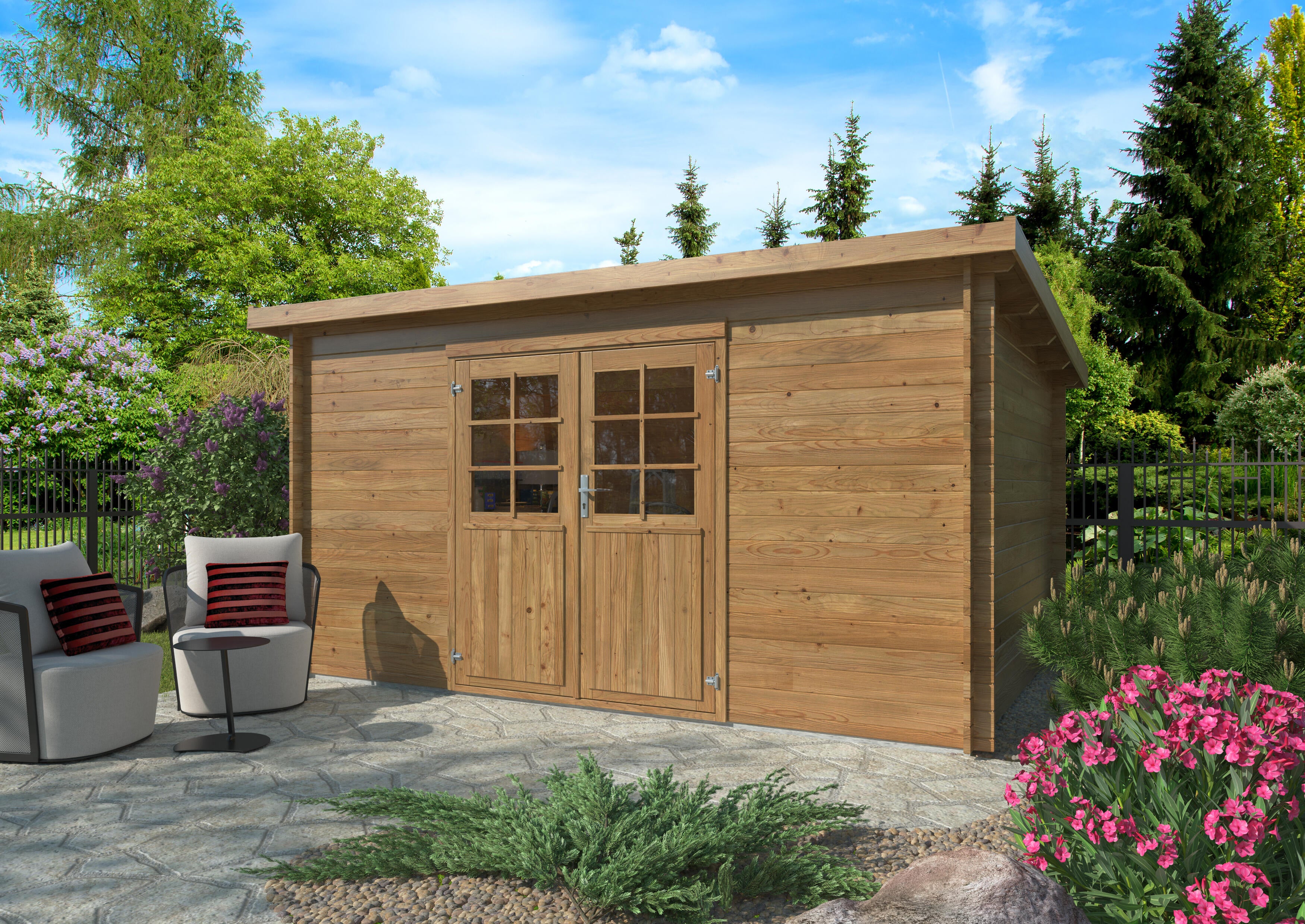 Caseta de madera Lola 2 MARRÓN de 320x215x430 cm y 13.8 m2 con 28 mm espesor doble puerta WHITEWOOD - 3