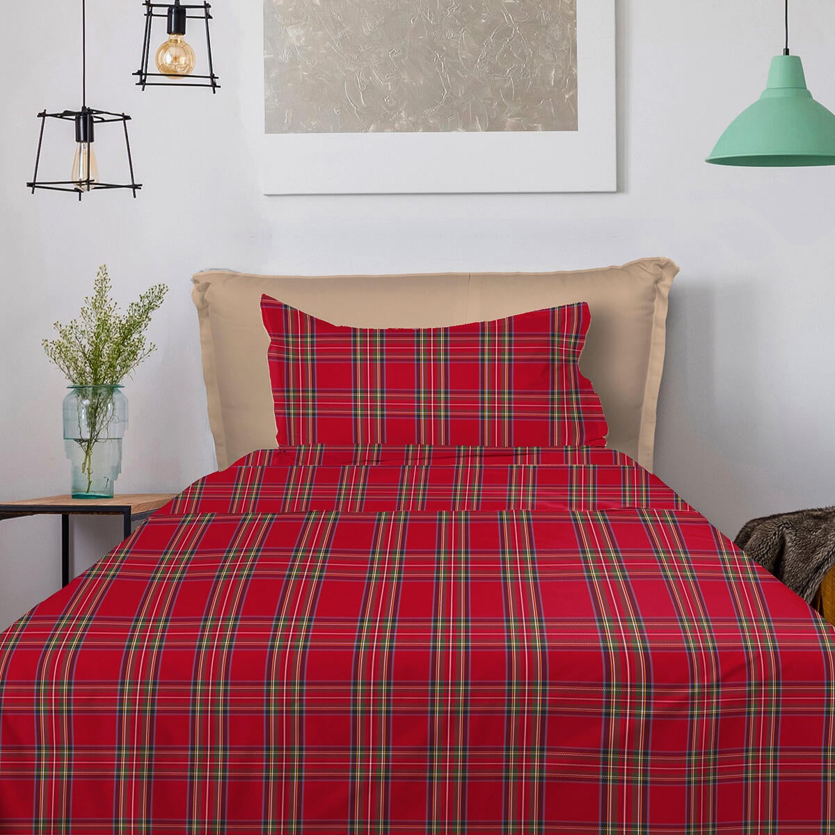 Set di lenzuola singolo CLAN COMPLETO LETTO fantasia tartan in cotone sui toni del rosso in cotone - 2