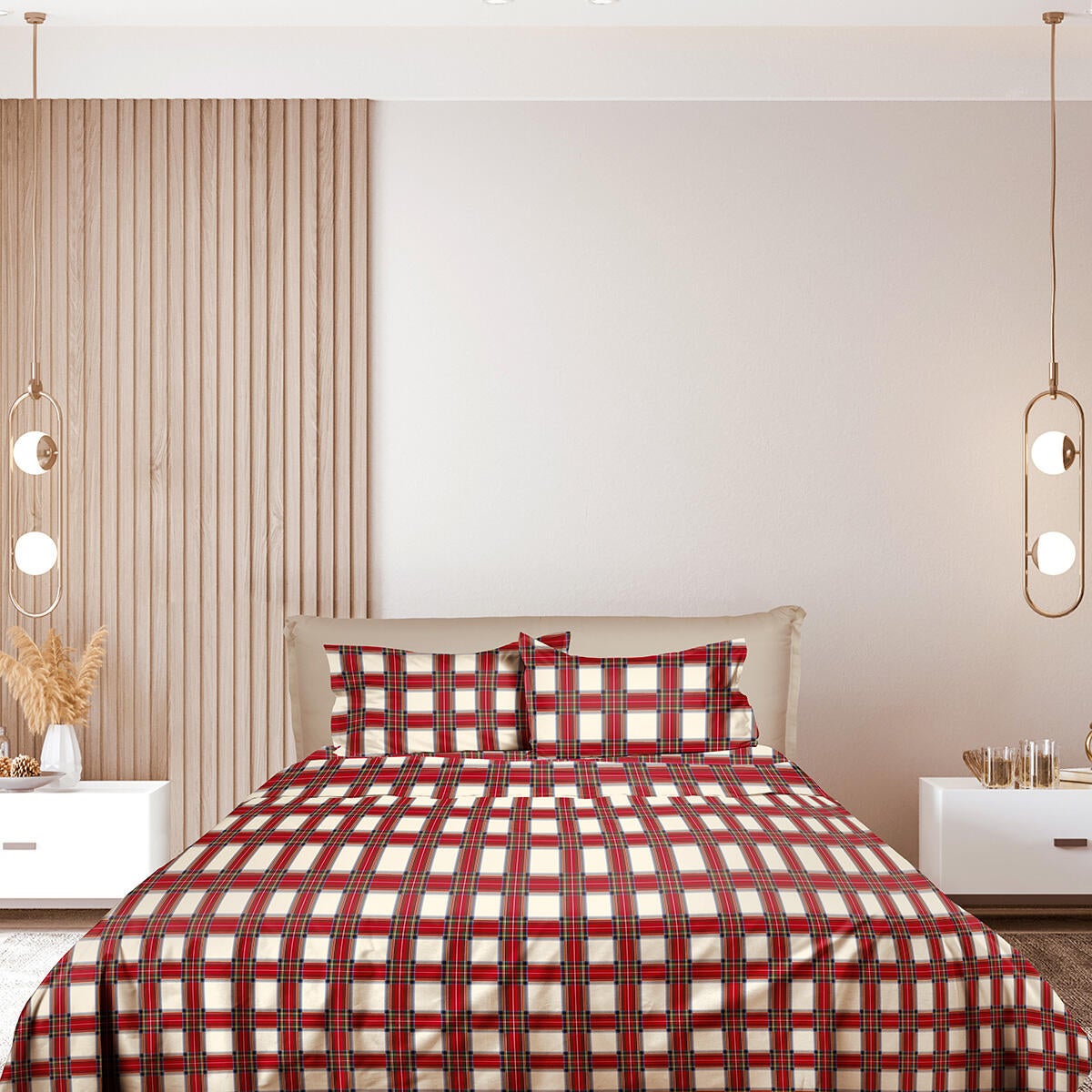 Set di lenzuola matrimoniali CLAN COMPLETO LETTO fantasia tartan in cotone sui toni del beige in cotone - 2