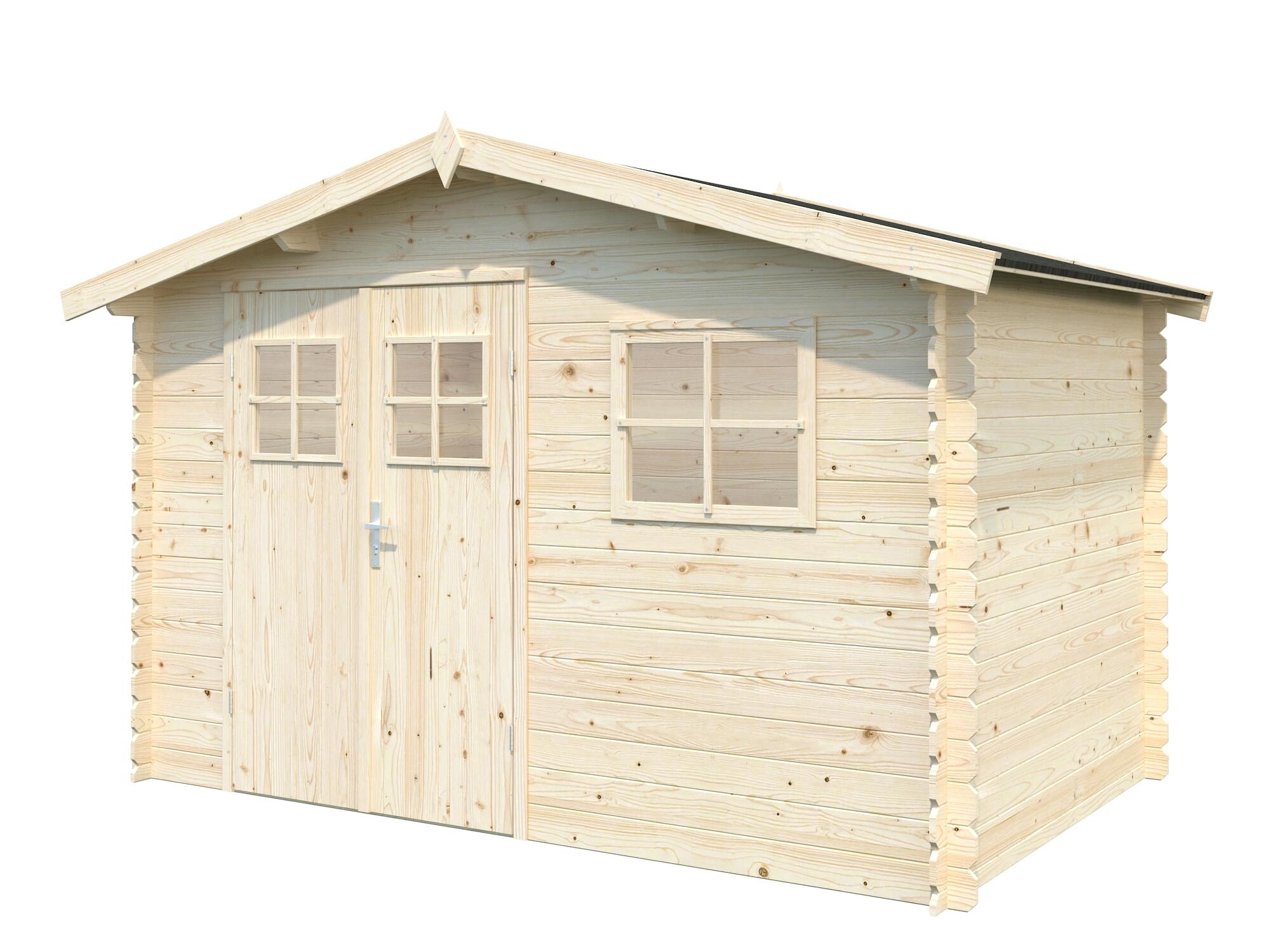 caseta de madera latina de 221x217x344 cm y 76 m2 con 19 mm espesor y doble puerta abatible whitewood
