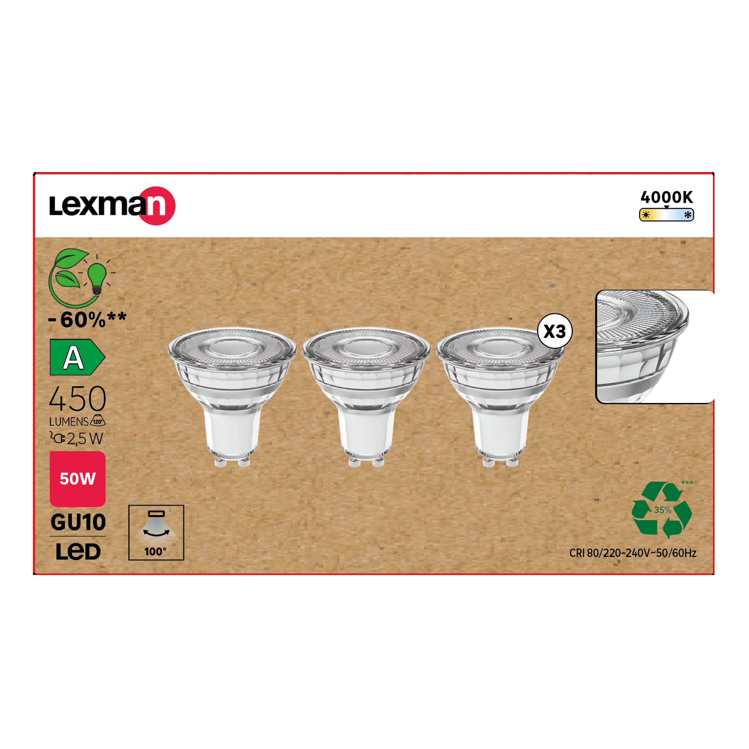 3 ampoules led réflecteur GU10, 450lm, classe énergétique A, blanc neutre LEXMAN - 3