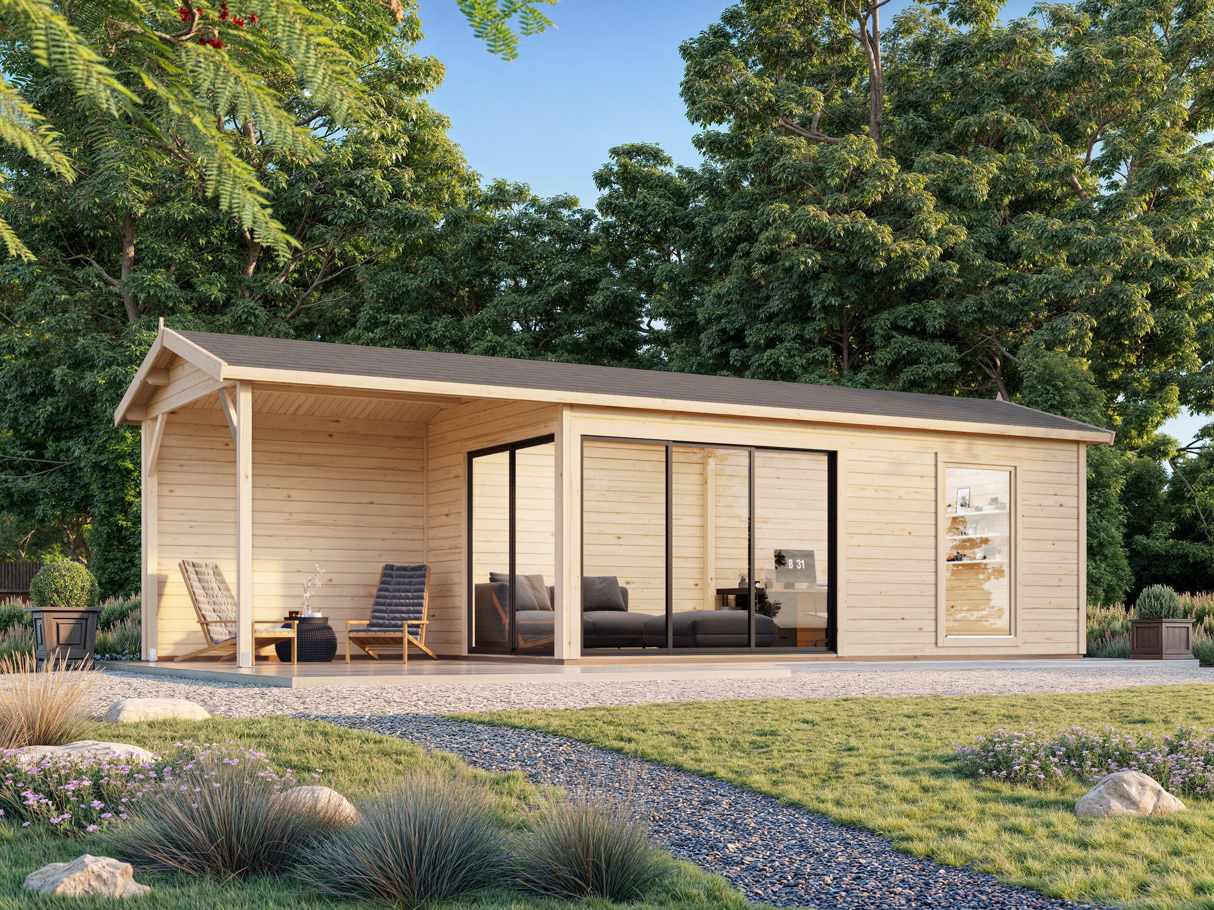 Caseta de madera AMANDA 17,1+7,8 M2 SLIDE PLUS de 340x280x917 cm y 31.18 m2 con 44 mm espesor y doble puerta PALMAKO - 5
