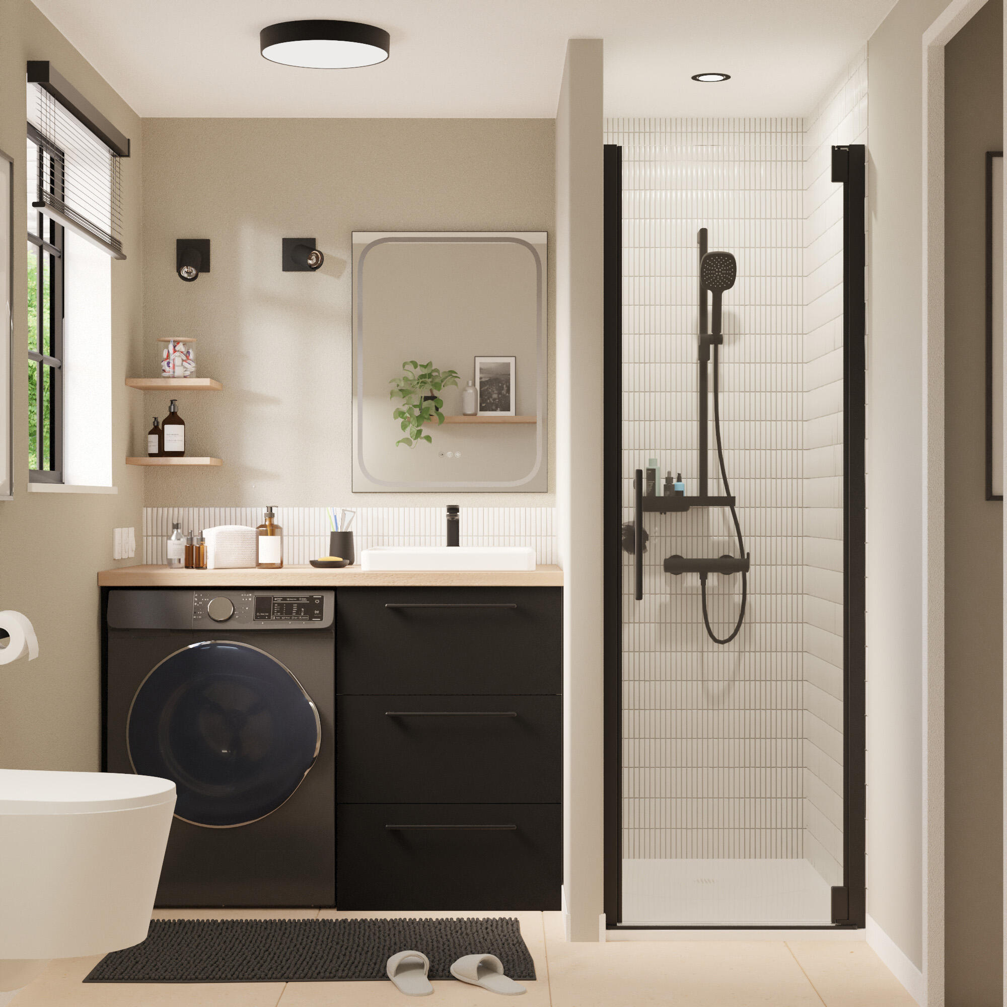 Meuble vasque, buanderie, Remix noir mat, vasque incluse - 2