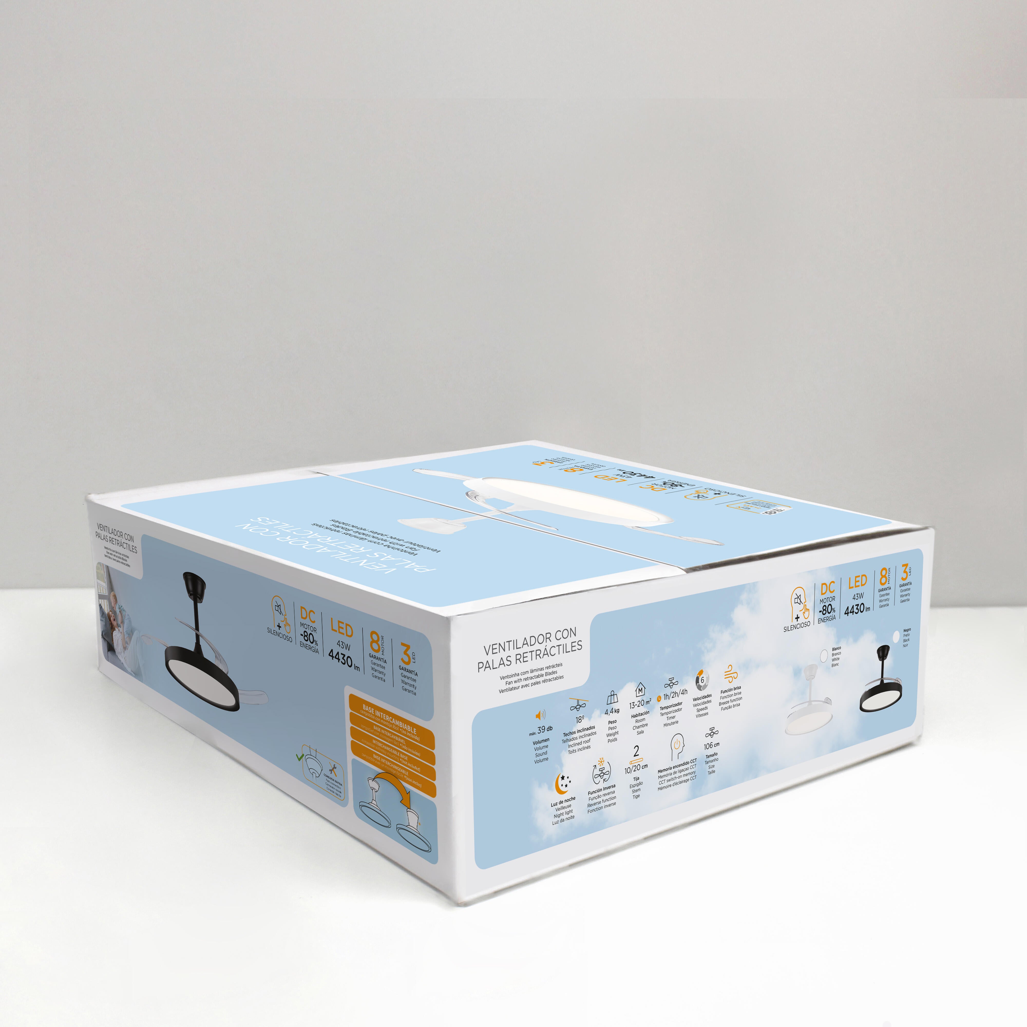 Ventilador de techo con luz silencioso DC 43W con mando ø106 cm Cando CRISTAL RECORD blanco luz CCT 3 aspas retráctiles tipo lámpara| 6 velocidades| modo verano/invierno| brisa| recomendado de 13 a 20m² - 8