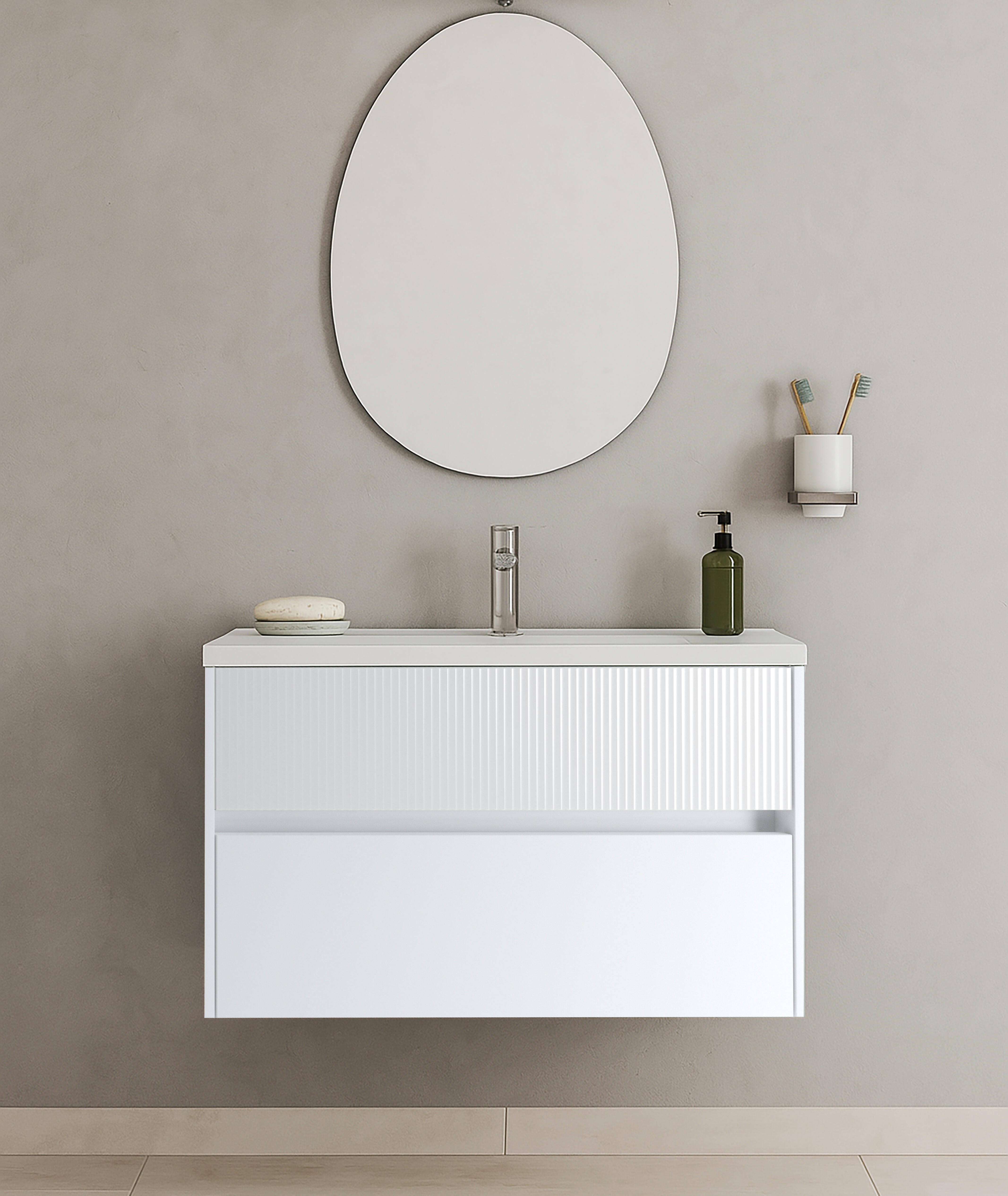 Mobile da bagno sospeso sotto lavabo Niwa 2 cassetti L 89.5 x H 50 x P 45.5 cm bianco laccato opaco cannettato - 3