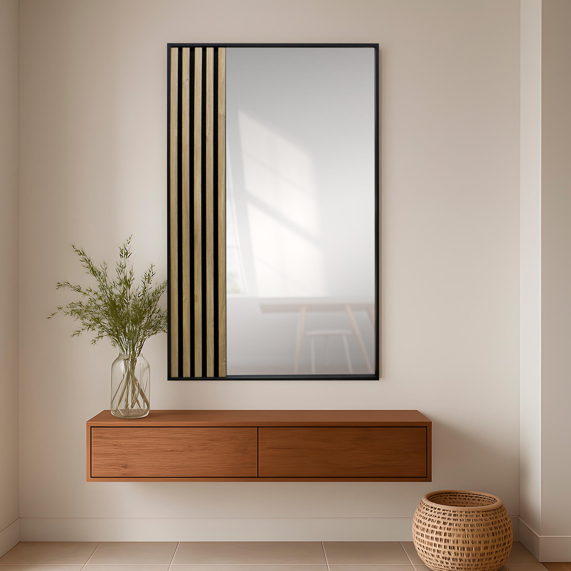 Espejo enmarcado de pared rectangular Palillería madera negro satinado de 66 x 133 cm. Apto para baños. - 2