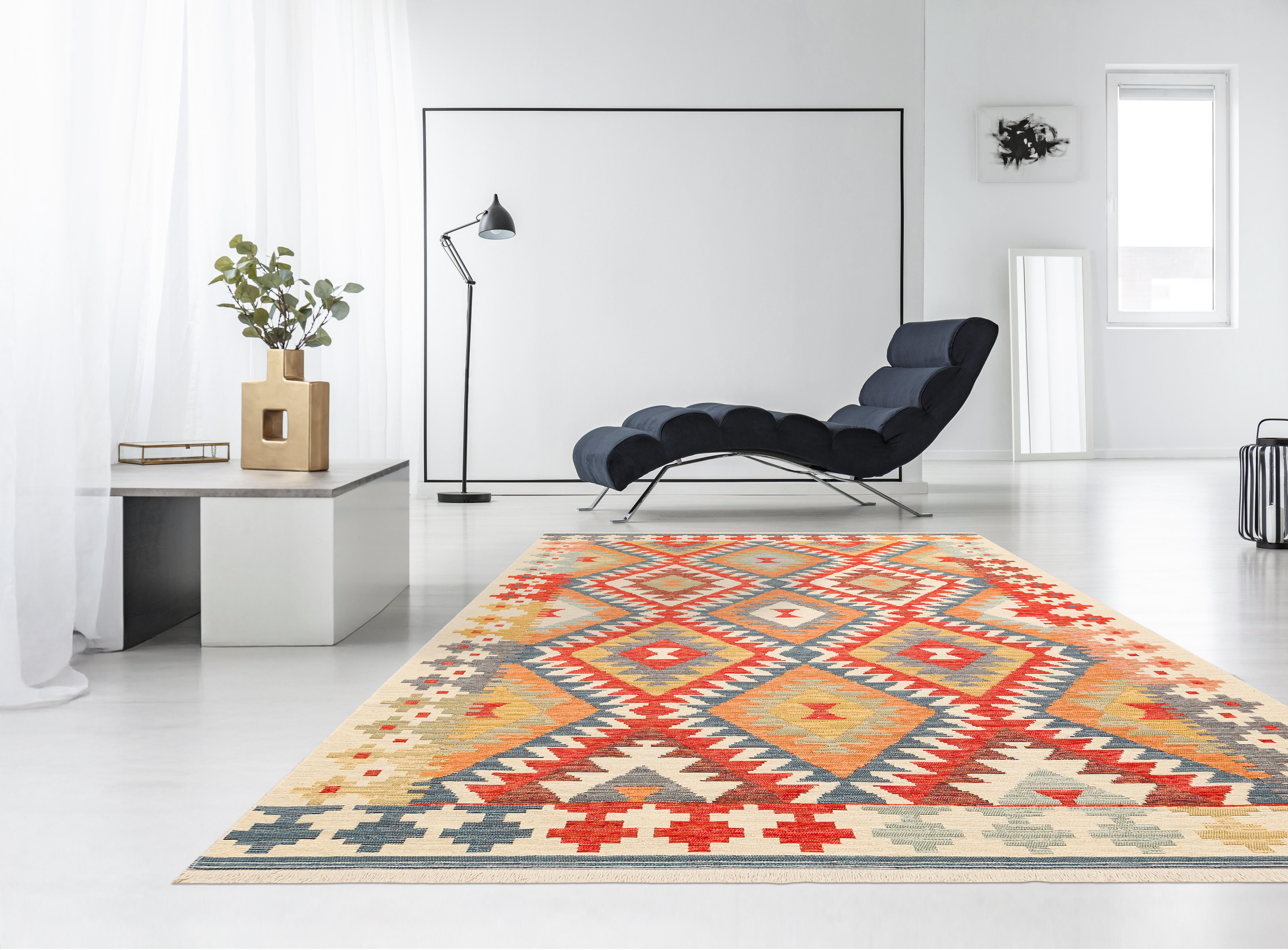 Alfombra pie de cama poliéster Caban Étnico 009 80x150cm tejido plano MA SALGUEIRO geométrico multicolor rojo naranja verde azul beige - 6