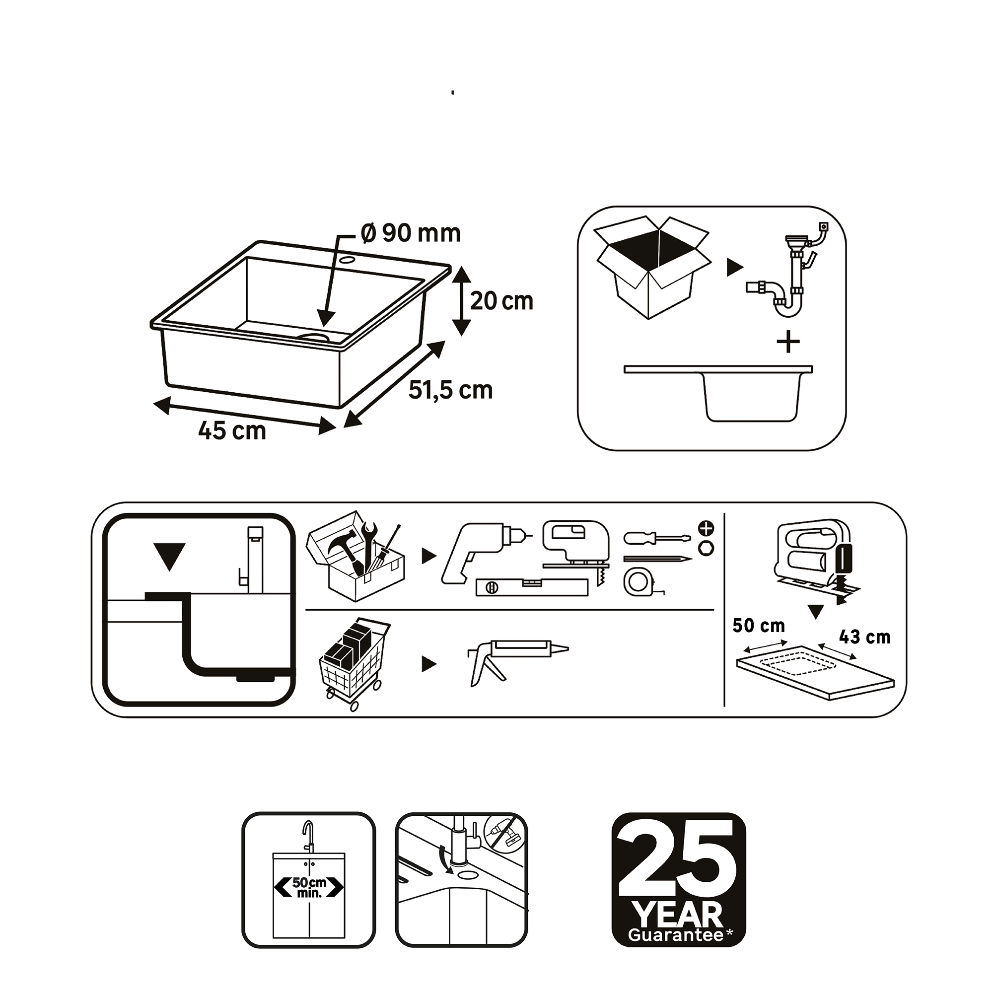 Lava-louça 1 cuba sem escorredor 45 x 51.5 x 20 cm prateado aço inoxidável Delinia Loft - 5