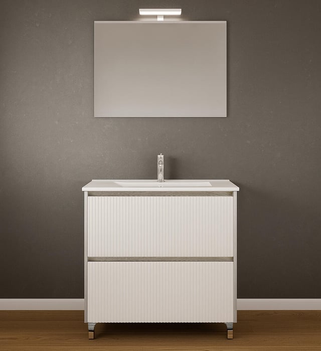 Mobile bagno da terra con lavabo e specchio e illuminazione L 80.2 x H 73.5 x P 45.7 cm bianco e grigio in mdf 2 cassetti per vasca centrale Lisbona