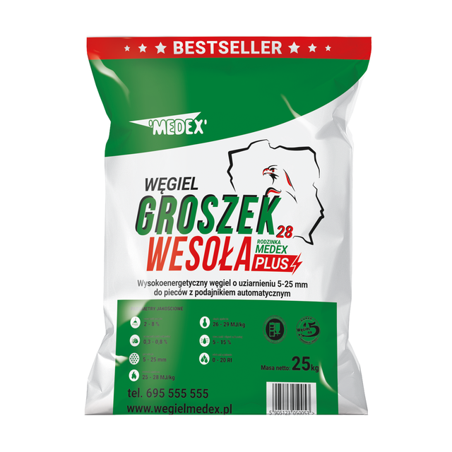 Węgiel groszek bez akcyzy WESOŁA PLUS 26-29 MJ/kg BA 25 kg
