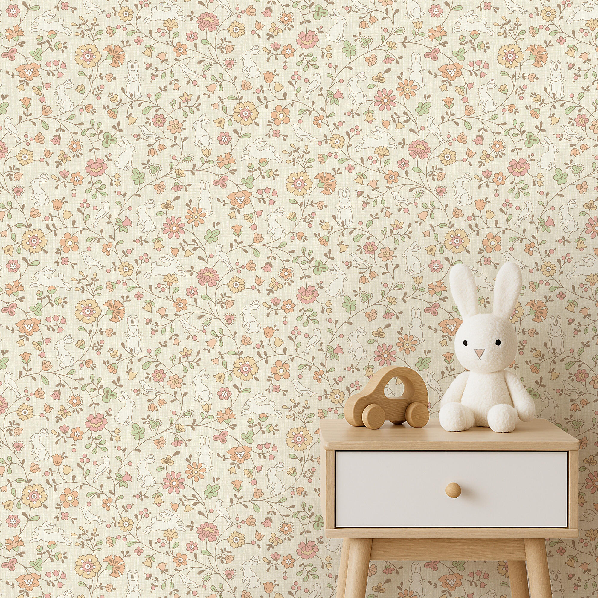 Papel pintado vinilo aplicación cola en pared infantil flores y animales domésticos multicolor grandeco 53cmx10m lavable