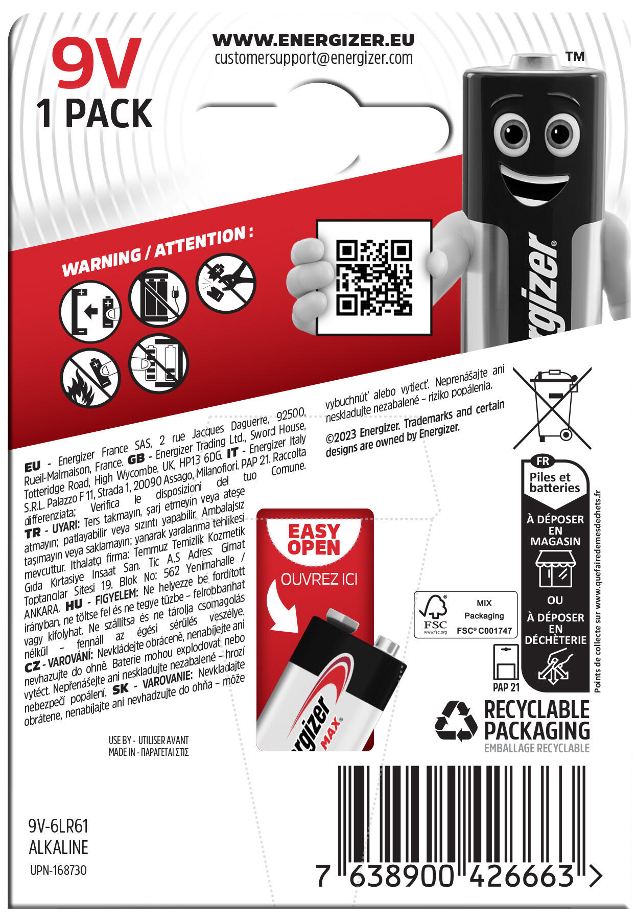 1 pilha 6LR61 9V ENERGIZER MAX - 5