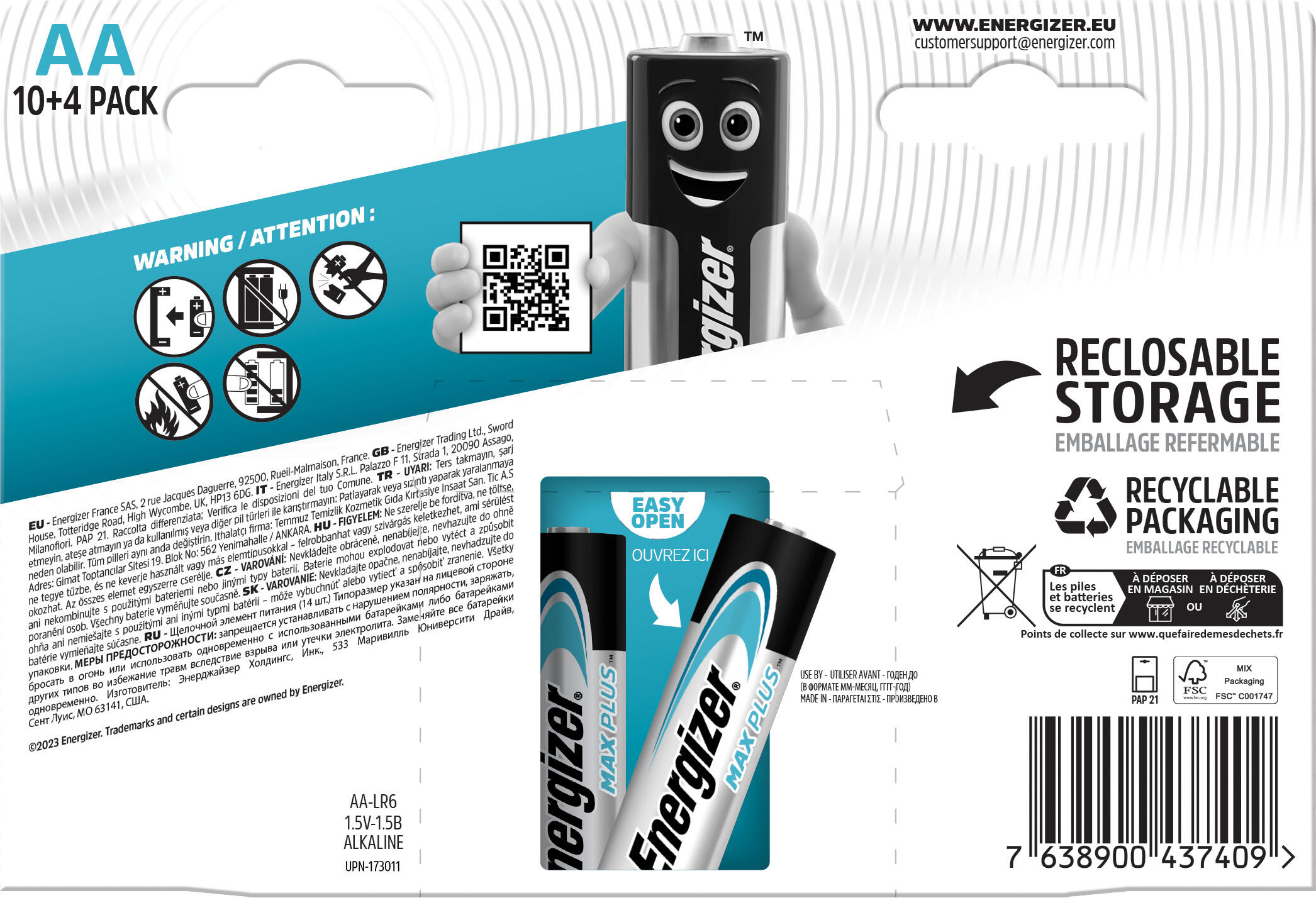 Lot de 10+4 piles alcaline AA , 1.5 V, ENERGIZER - 2