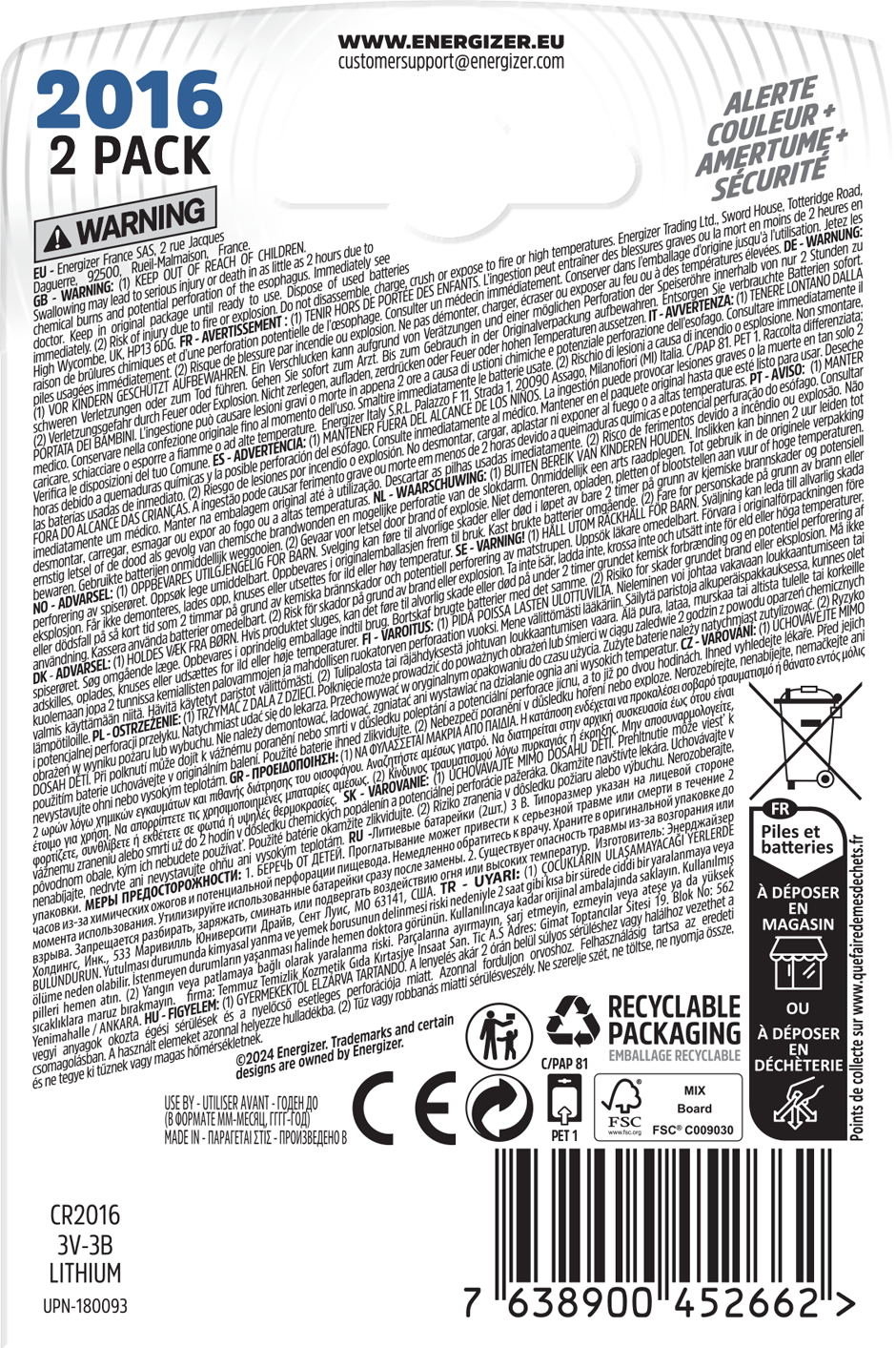 Lot de 2 piles CR2016, mAh 100, ENERGIZER - 5