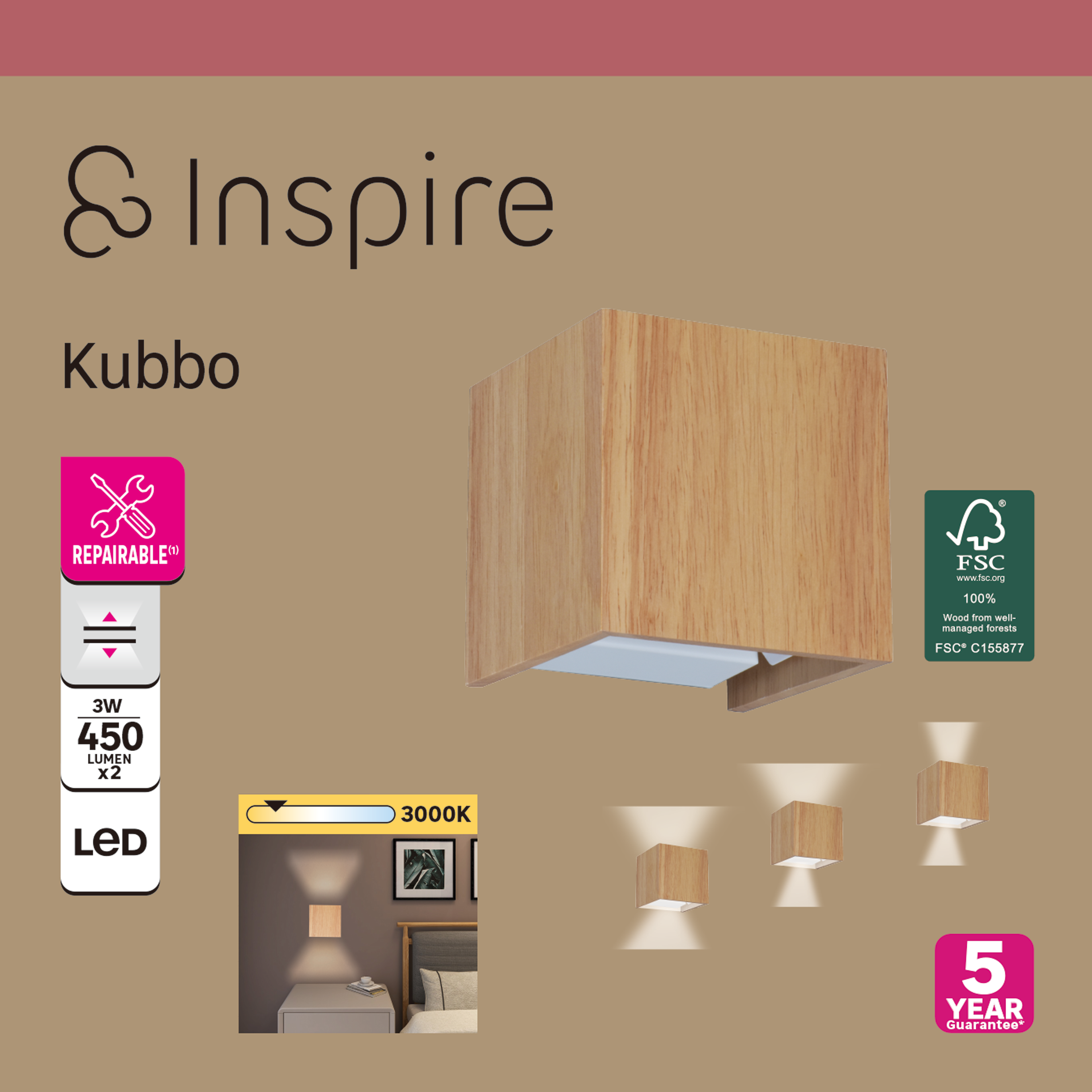 Candeeiro  de parede  LED 3000K KUBBO madeira - 10