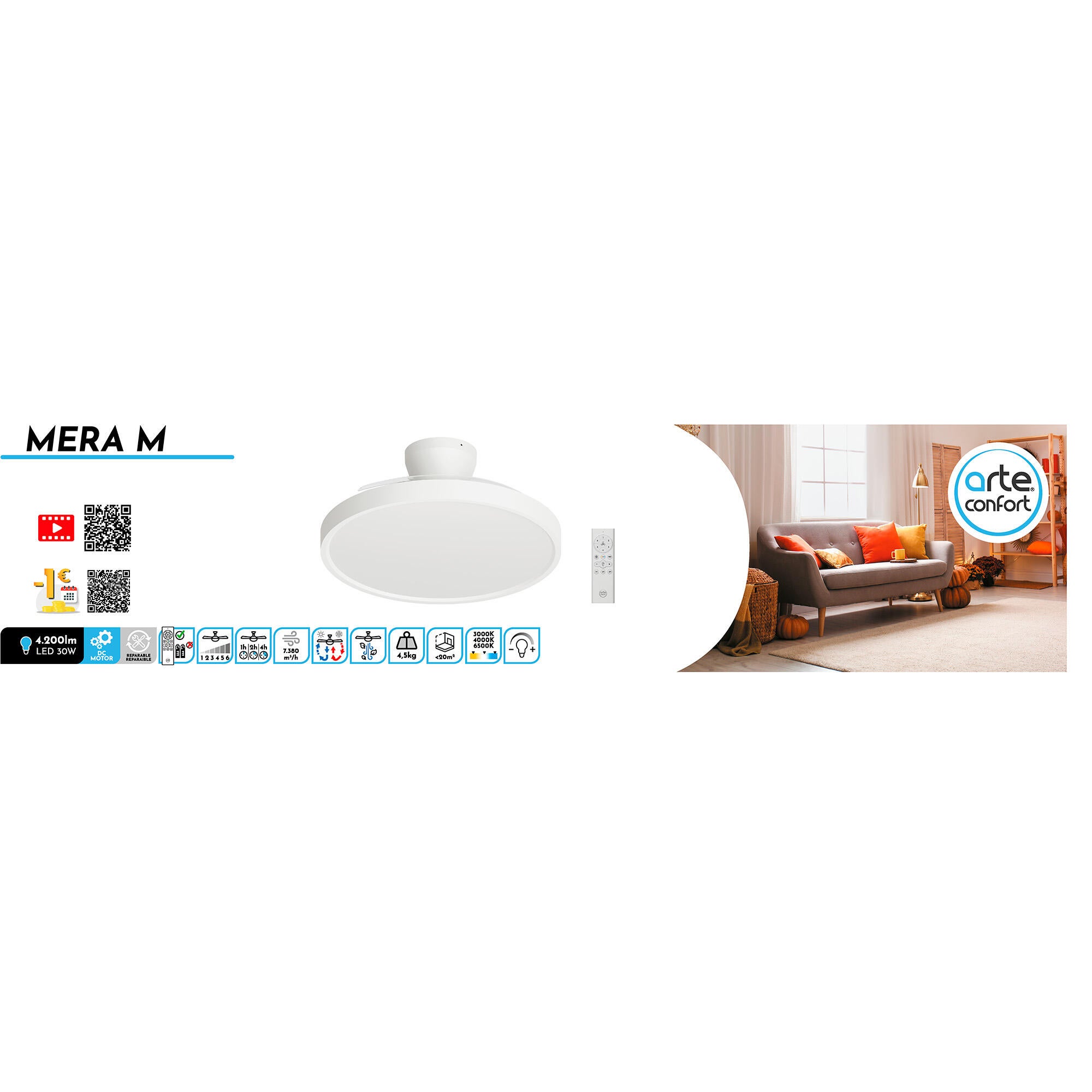 Ventilador de techo con luz silencioso DC 29W con mando ø107 cm Mera ARTE CONFORT blanco luz CCT 3 aspas| 6 velocidades| modo verano/invierno| temporizador| brisa| recomendado de 13 a 20m² - 6
