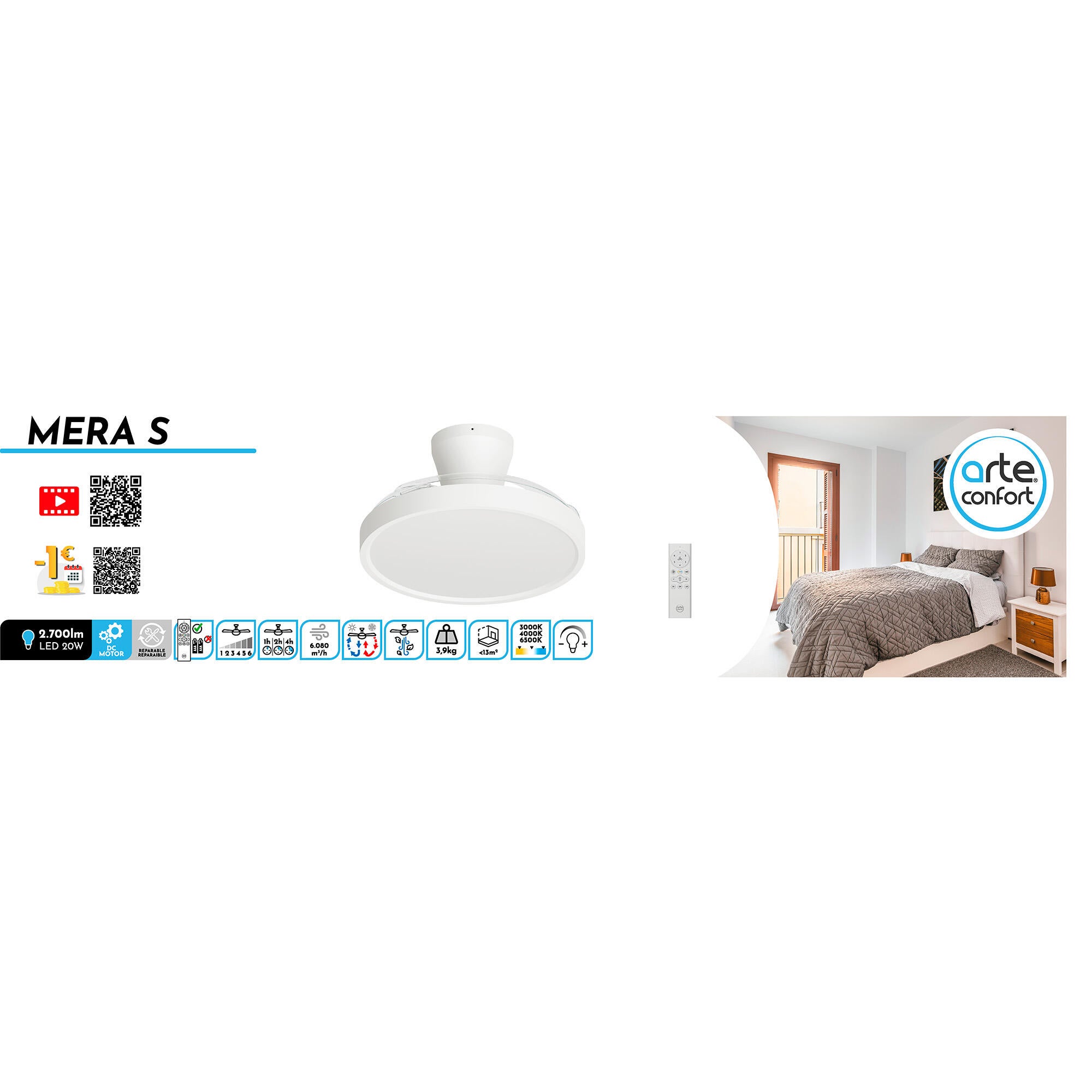 Ventilador de techo con luz silencioso DC 30W con mando ø91 cm Mera ARTE CONFORT blanco luz CCT 3 aspas| 6 velocidades| modo verano/invierno| temporizador| brisa| recomendado para <13m² - 10