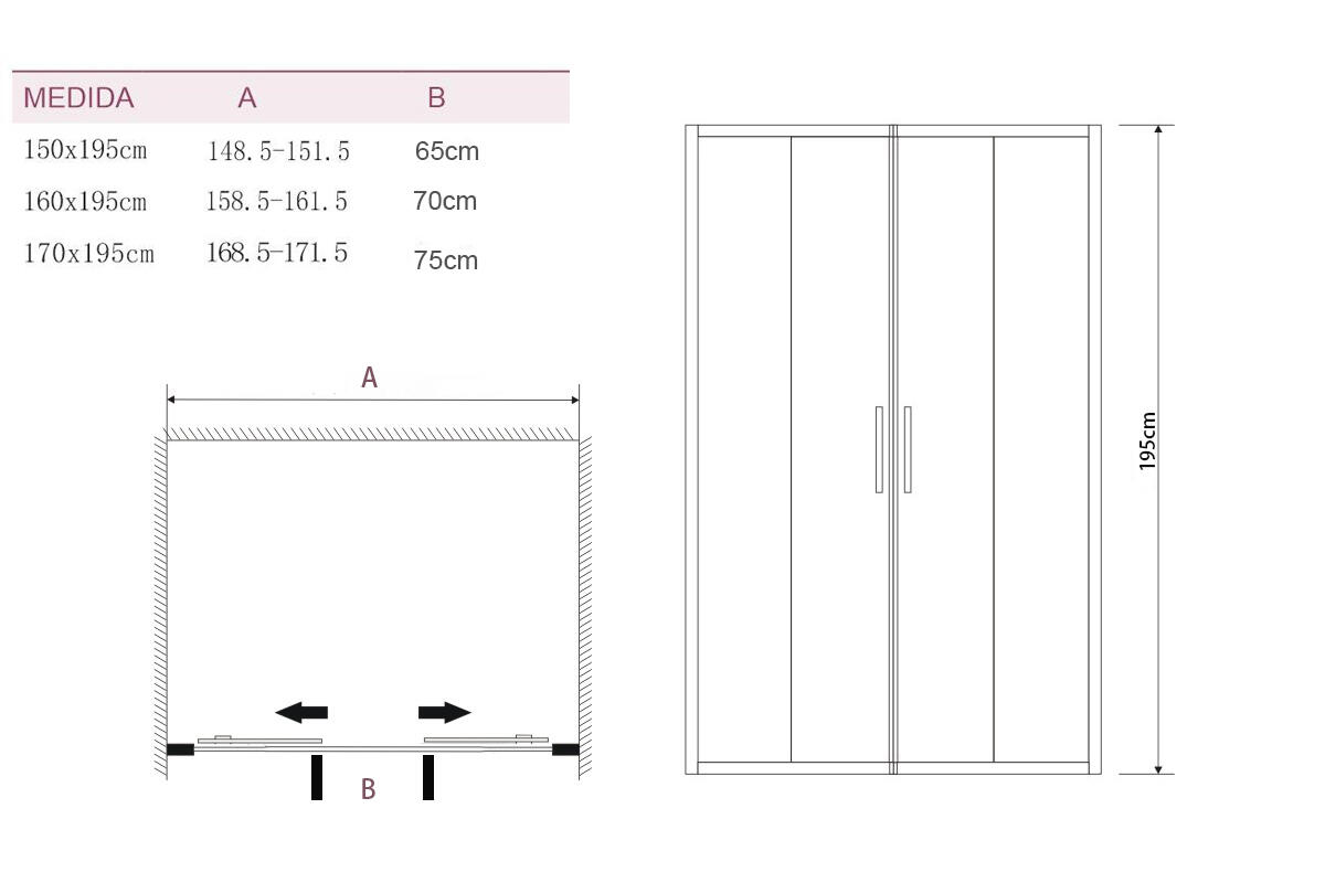 Portas de duche 2 portas de correr e 2 fixas 160x195 cm transparente e cromado Aqua - 3