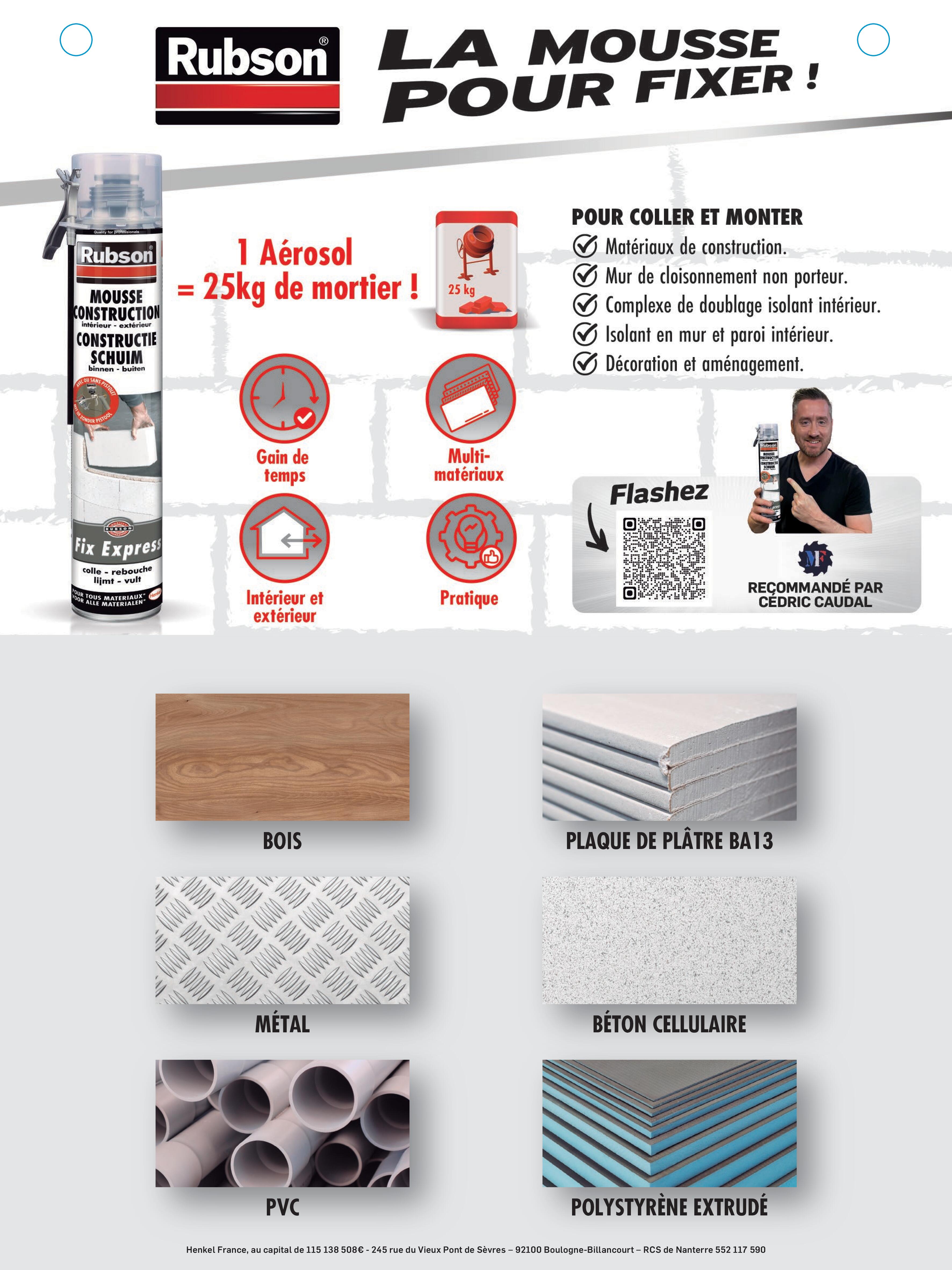 Mousse expansive polyuréthane construction manuelle 750 ml - RUBSON Fix Express - 2