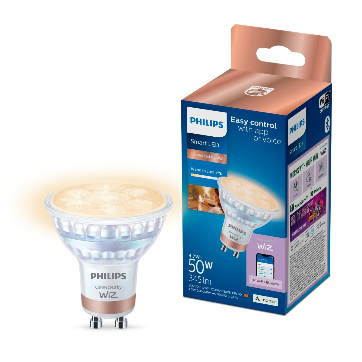 Philips Lâmpada LED GU10 50W, 2700-6500K, 345lm, Wi-Fi, Branco