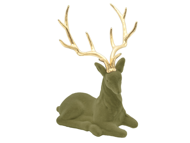 Renifer plastikowy flokowany leżący 21cm zielono-złoty