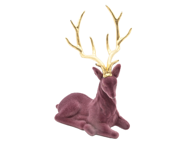 Renifer plastikowy flokowany leżący 20cm bordowo-złoty