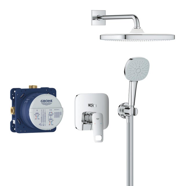 Ducha empotrada monomando GROHE Clova Pulse plata brillo cuadrada. Rociador a pared 25 cm Antical 2 vías