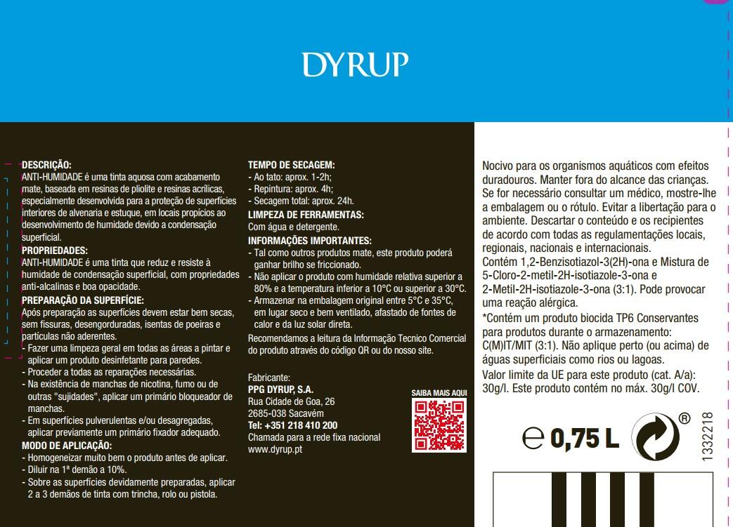 Tinta interior anti humidade MATE 0.75L DYRUP BRANCO - 4