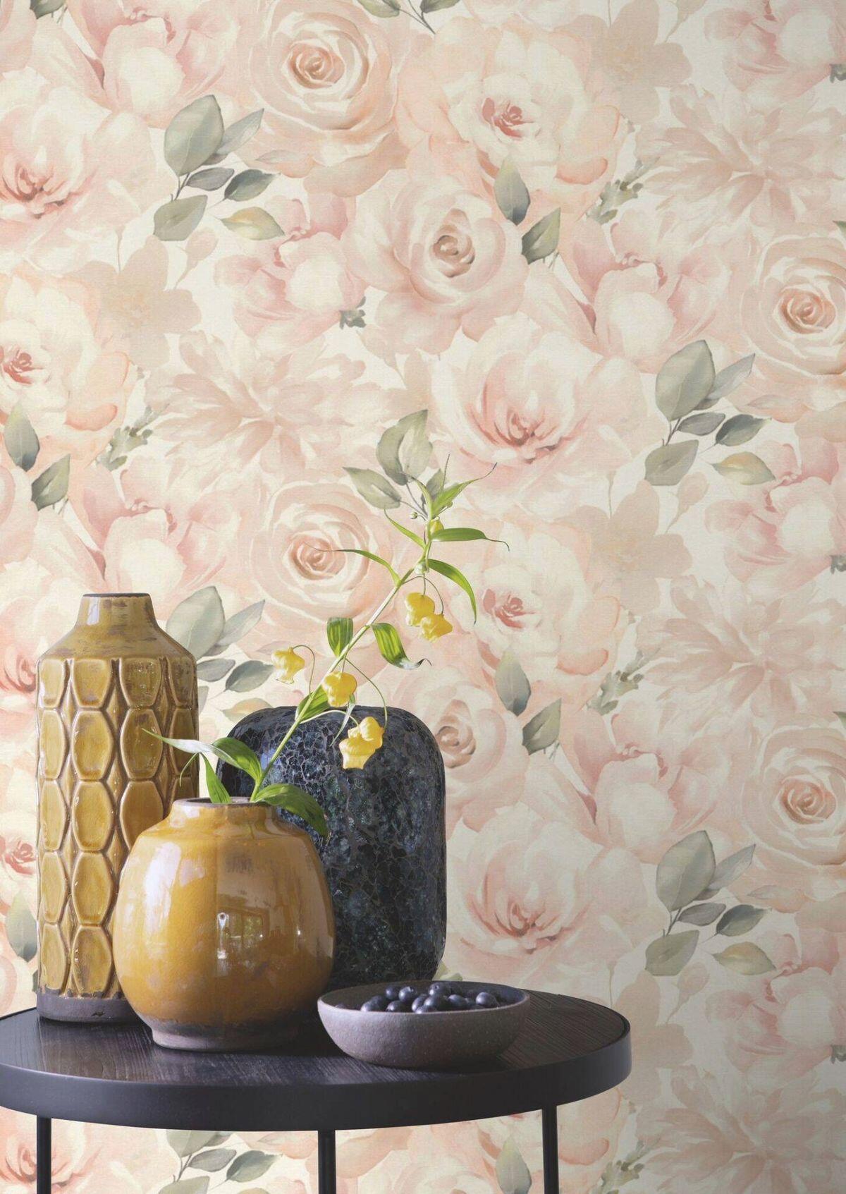 Papel pintado vinilo aplicación cola en pared botánico, plantas o floral 582314 multicolor 53cmx10m superlavable. apto para cocinas o baños