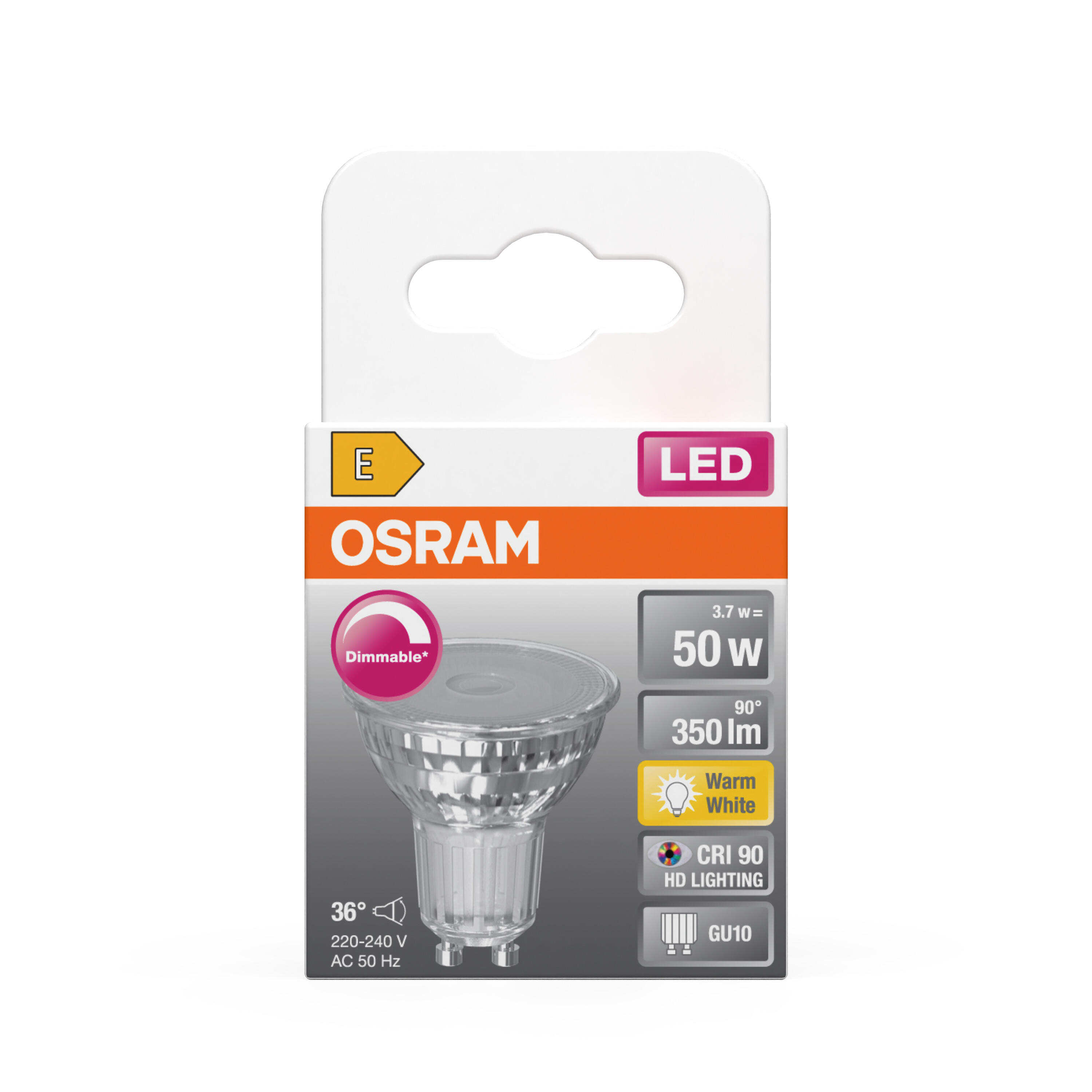 Lampadina LED GU10 faretto, trasparente, luce calda, 4.5W = 350 LM (equiv 50 W), 36° dimmerabile, OSRAM - 2