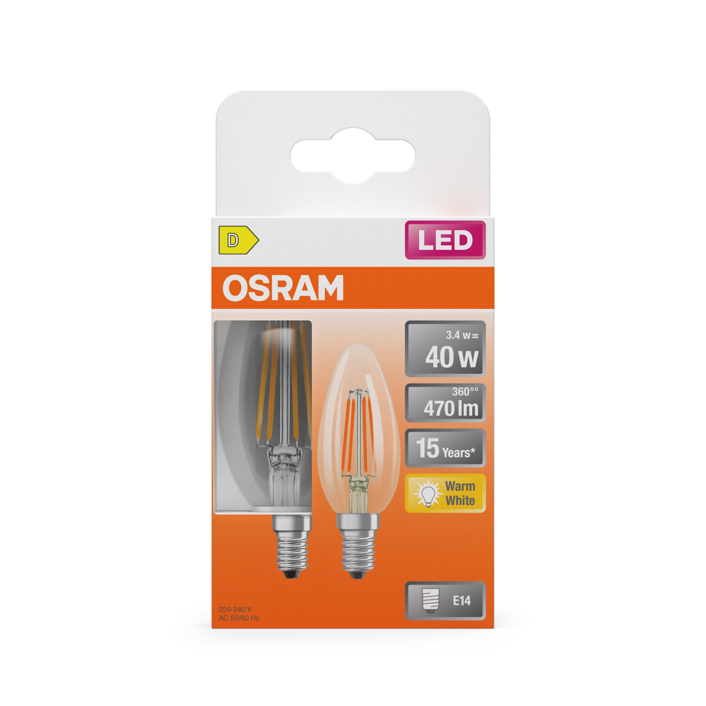Set da 2 lampadine LED330511BOX2 LED, E14 oliva, trasparente, 4W = 470 LM, 320°, OSRAM - 2