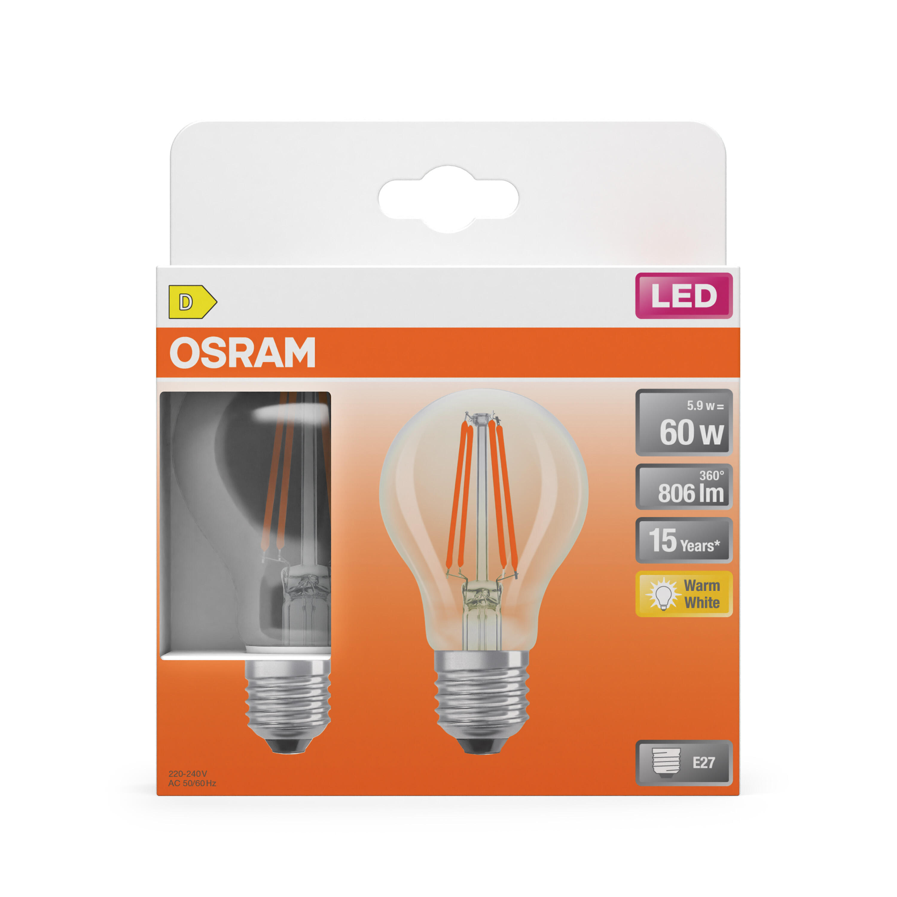 Set da 2 lampadine LED330191BOX2 LED, E27 goccia, trasparente, 7W = 806 LM, 320°, OSRAM - 2
