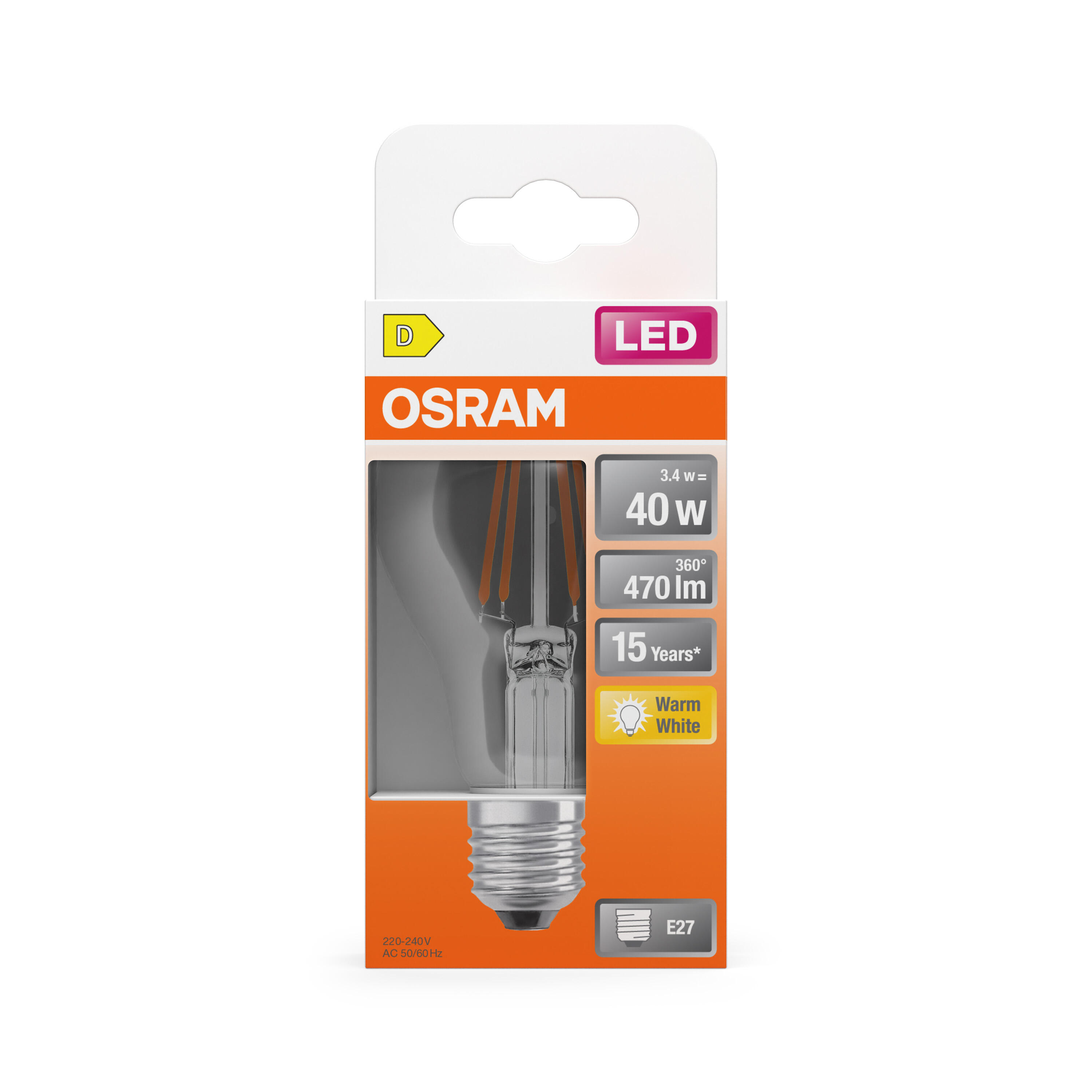 Lampadina LED filamento, E27 goccia, trasparente, 4W = 470 LM (equiv 40 W), 300°, OSRAM - 2