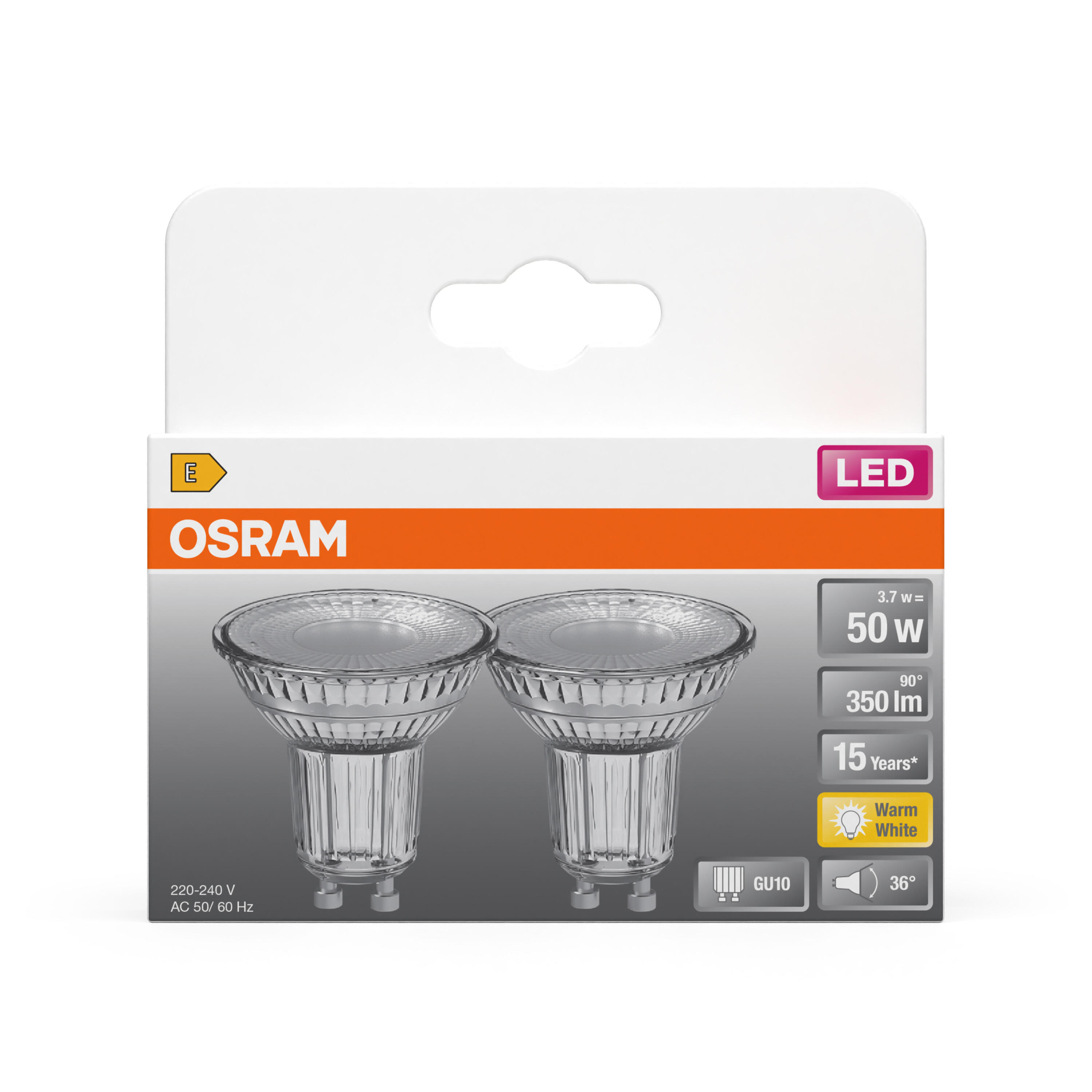 Set da 2 lampadine LED260252BOX2 LED, GU10 faretto, trasparente, 4.5W = 350 LM (equiv 50 W) classe energetica A, OSRAM - 2