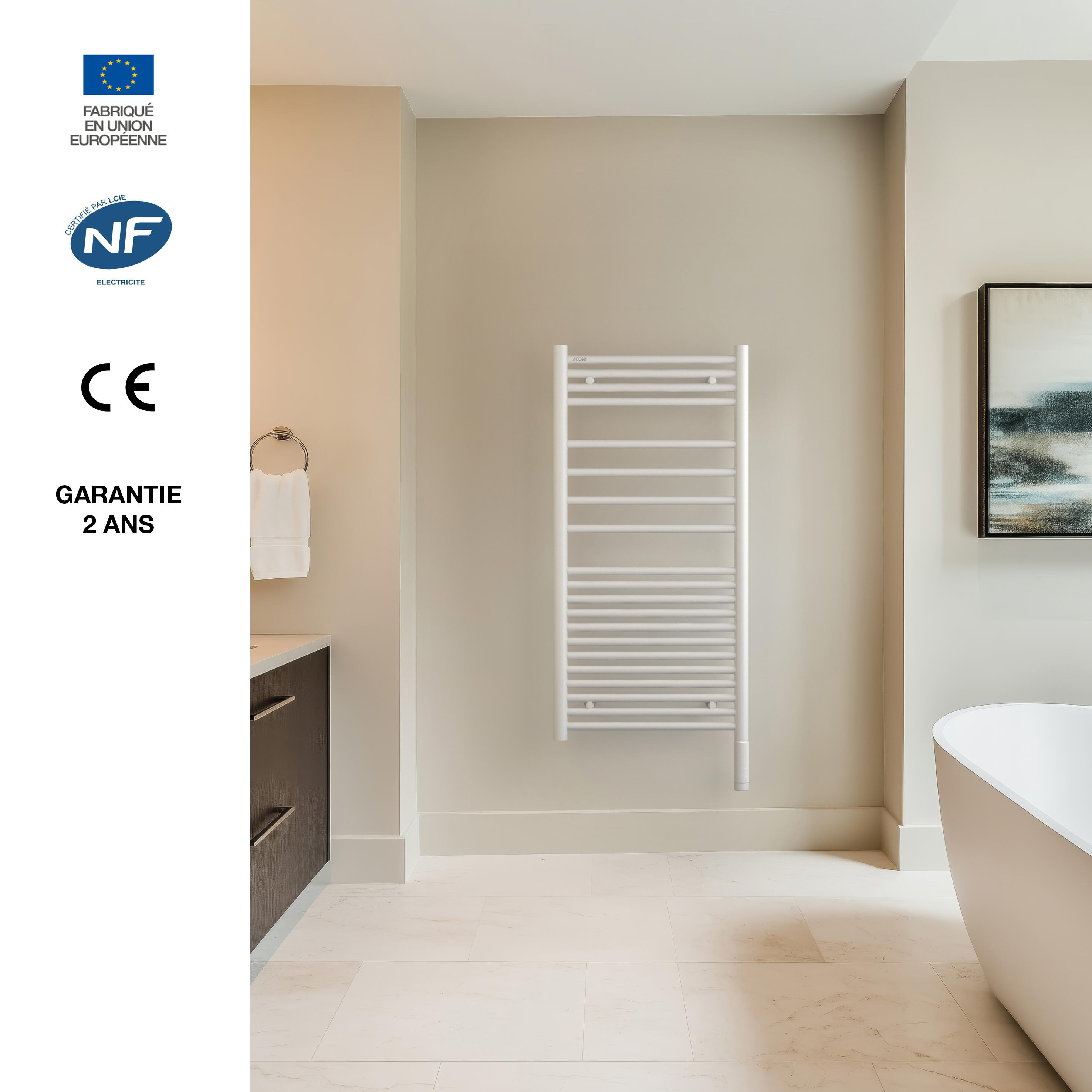 Sèche-serviettes électrique connecté à inertie fluide ACOVA 500W Angora 2 blanc - 7