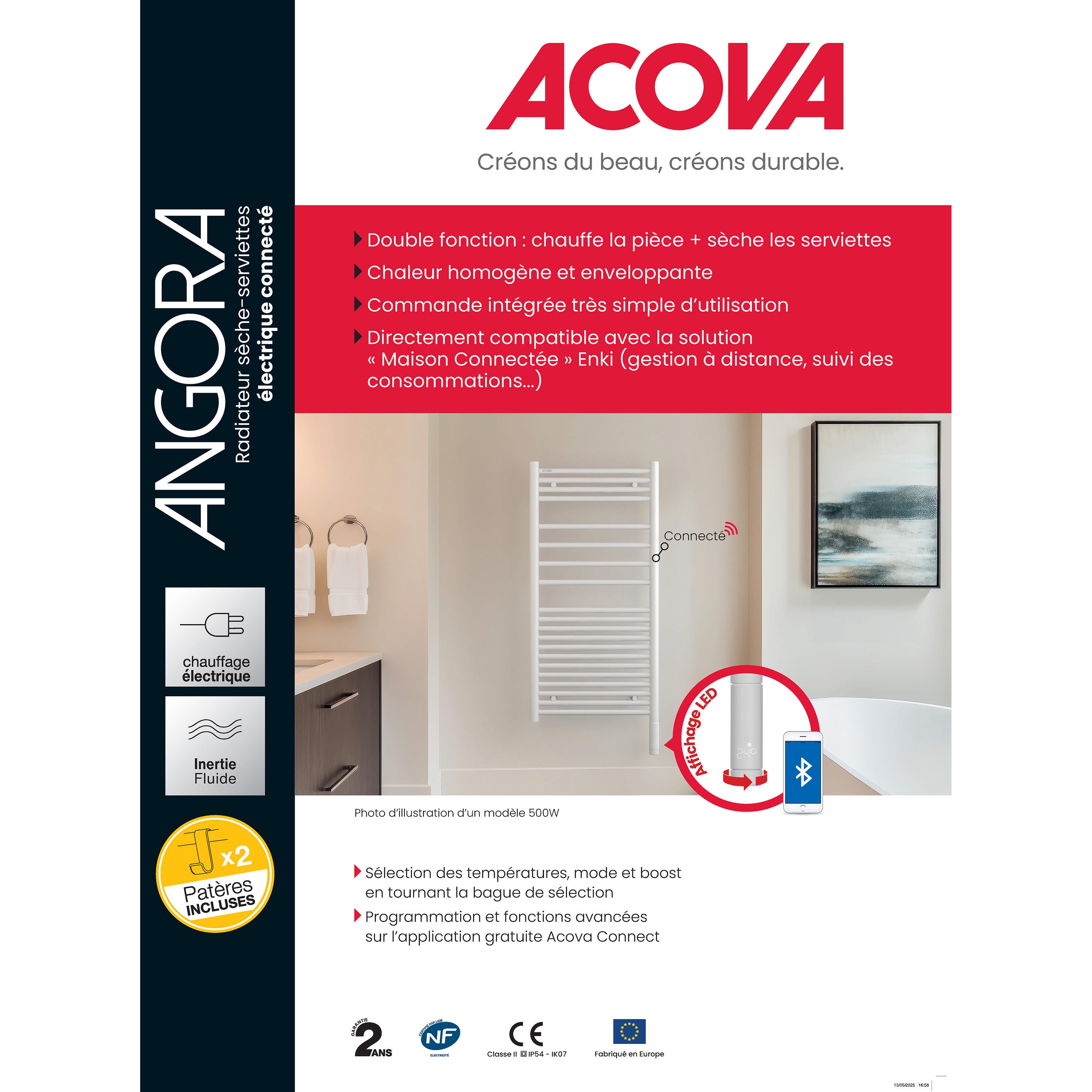 Sèche-serviettes électrique connecté à inertie fluide ACOVA 500W Angora 2 blanc - 6