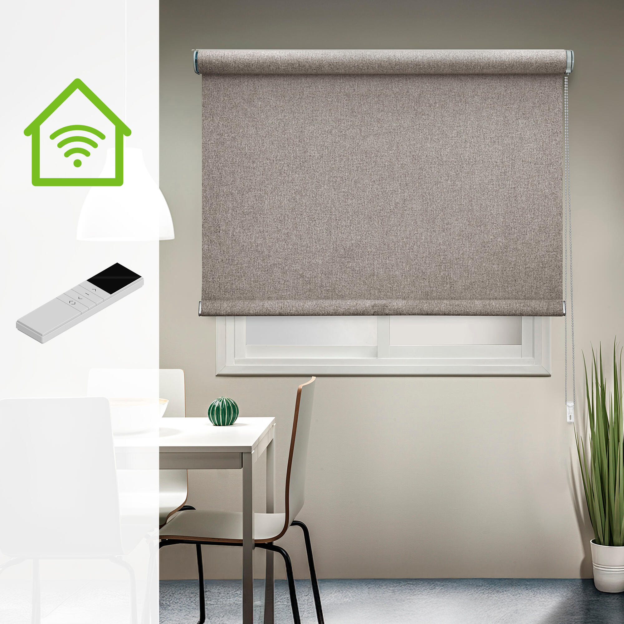 Kit motor + estor enrollable opaco térmico con cadena cascais poliéster liso beige de 150x250cm