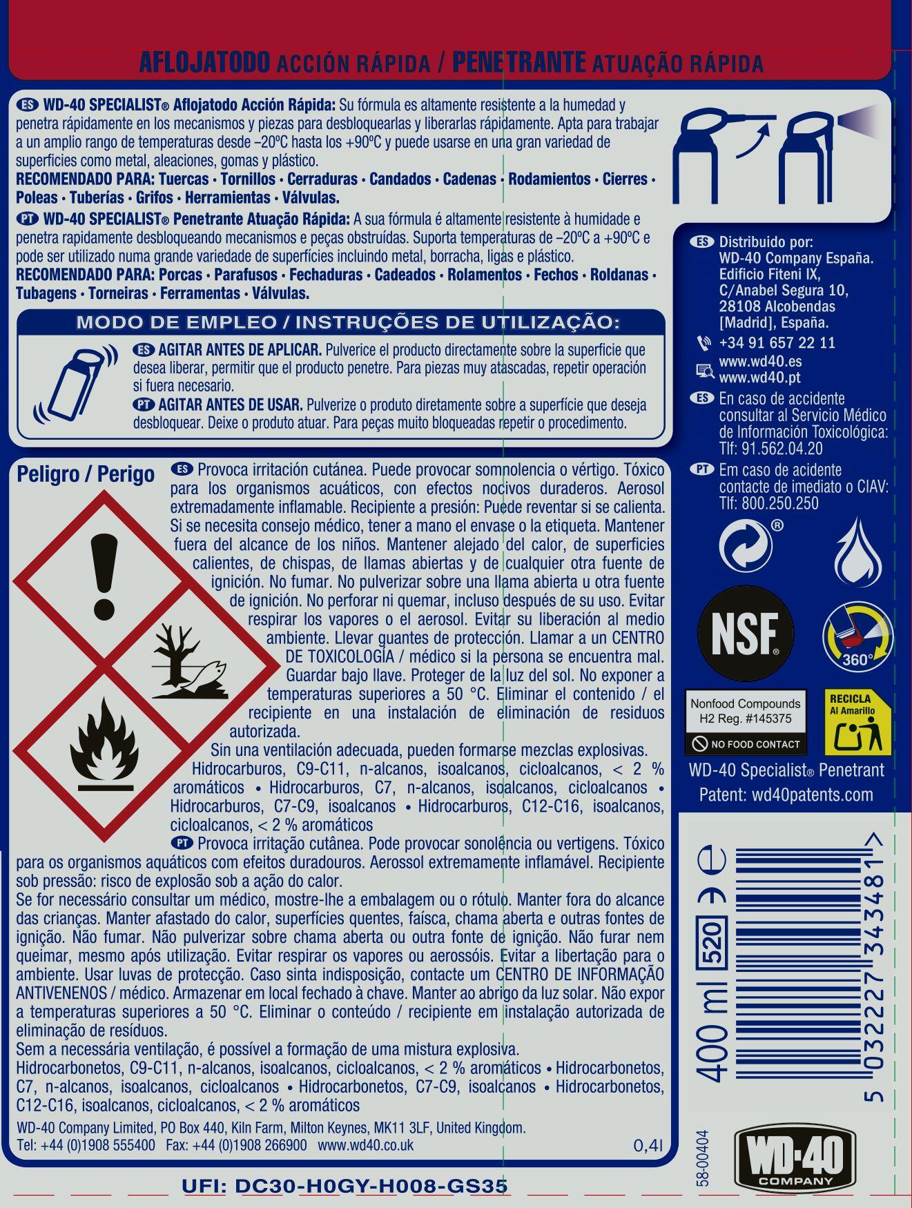 Lubrificante penetrante WD-40 SPECIALIST 400ML - 12