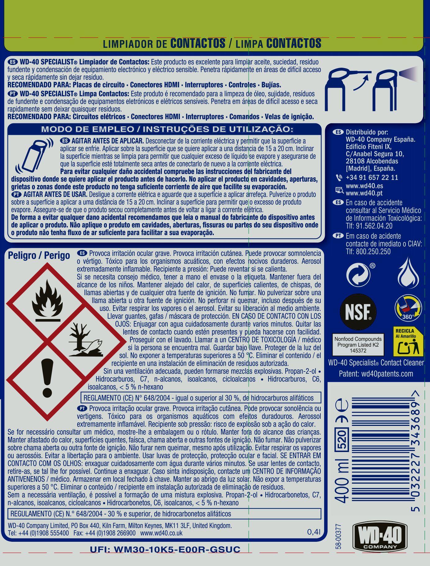 Lubrificante limpa contactos 400 ml WD-40 Specialist - 10