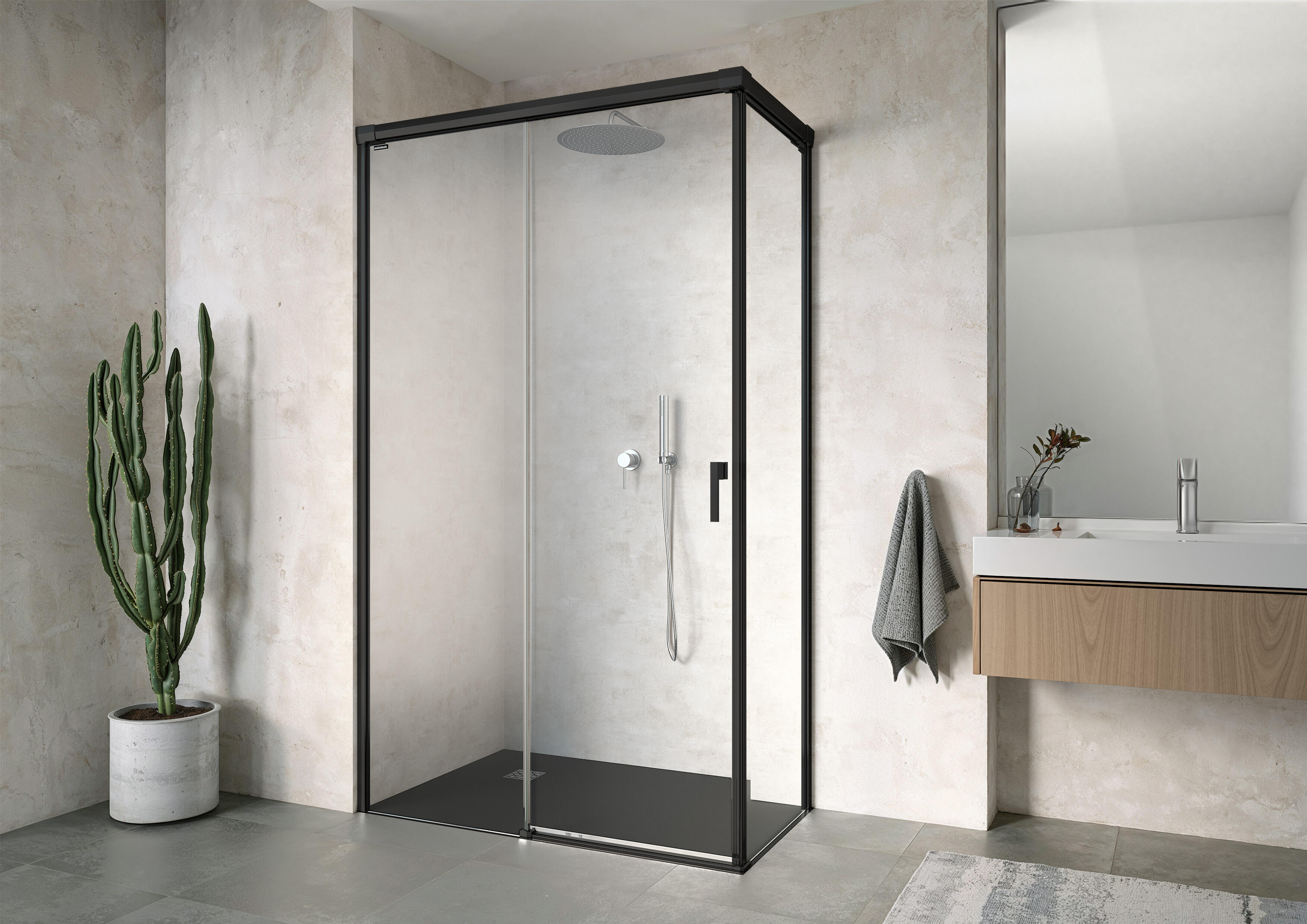 Mampara de ducha frontal con panel fijo lateral corredero transparente prisma perfil negro (125-130)+87.5 x200 cm