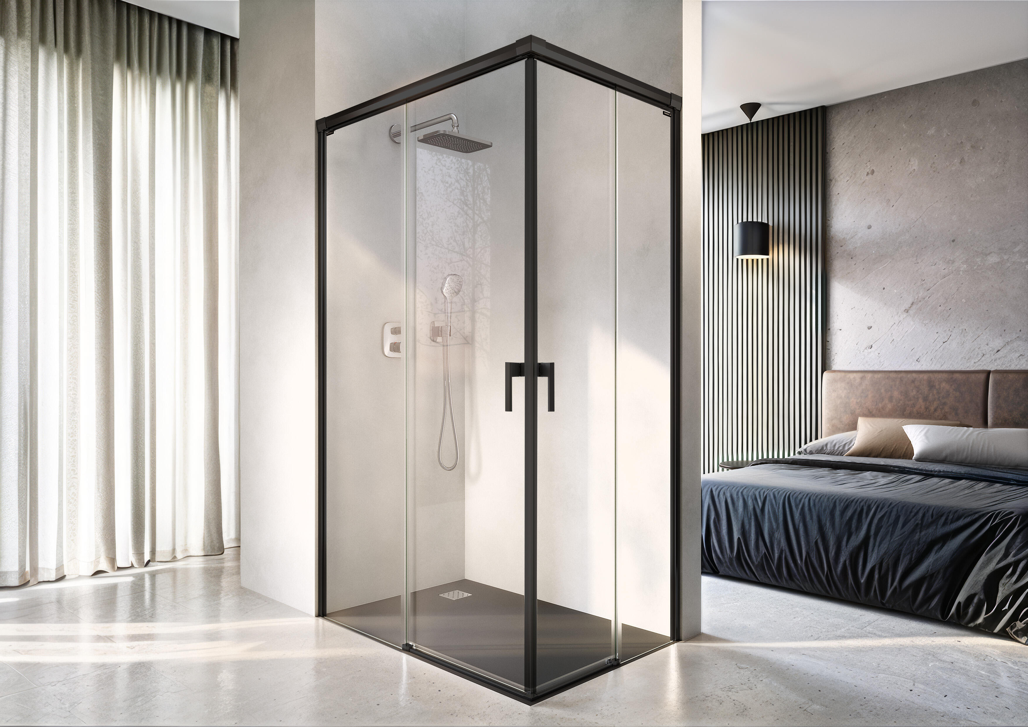 Mampara de ducha corredera en esquina rectangular prisma perfil aluminio negro (110-115)x(95-100)x200 cm cristal templado de seguridad transparente 6 mm espesor sin guía inferior duscholux